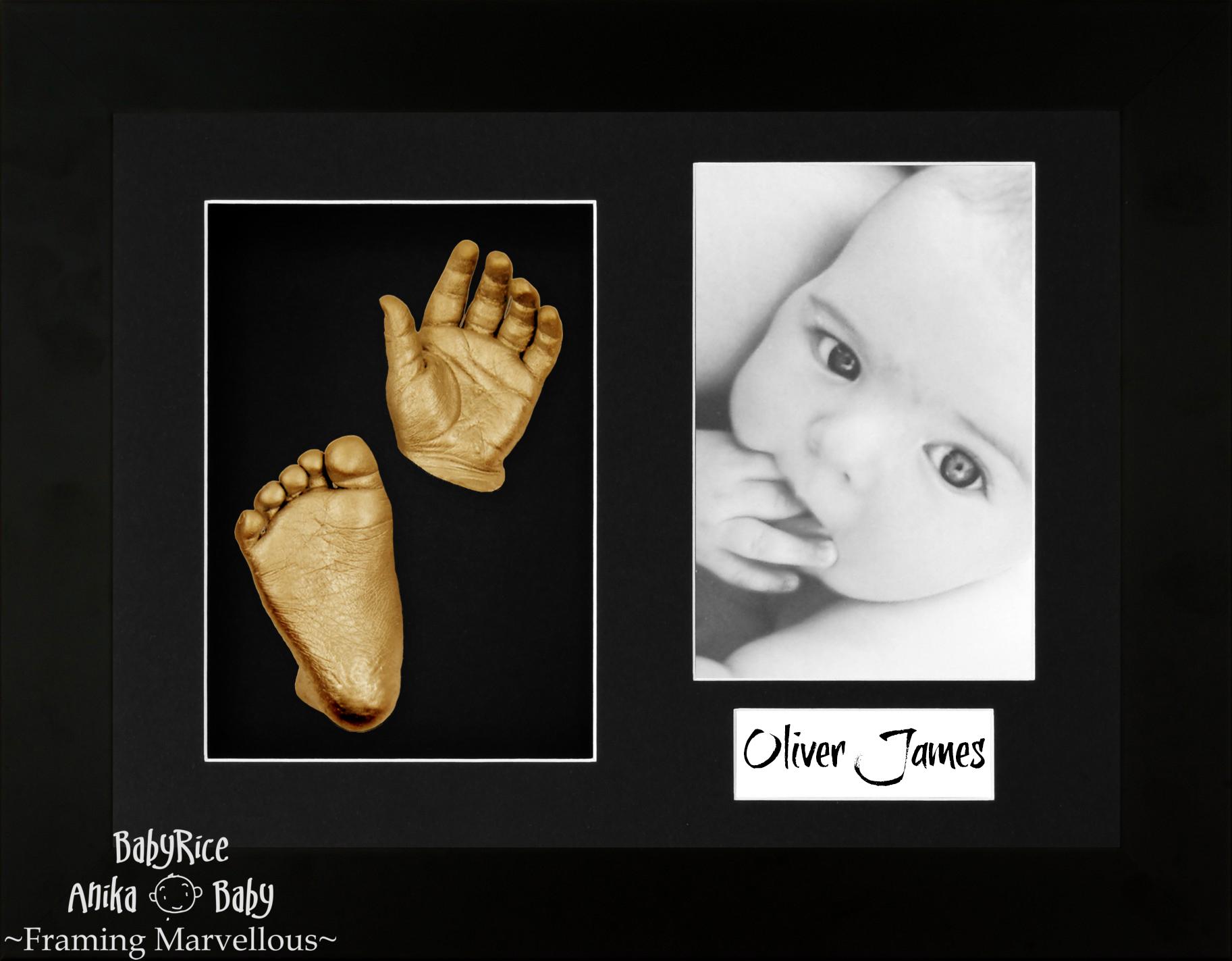 Black Frame, Black Mount, Golden Baby Hand Foot Cast
