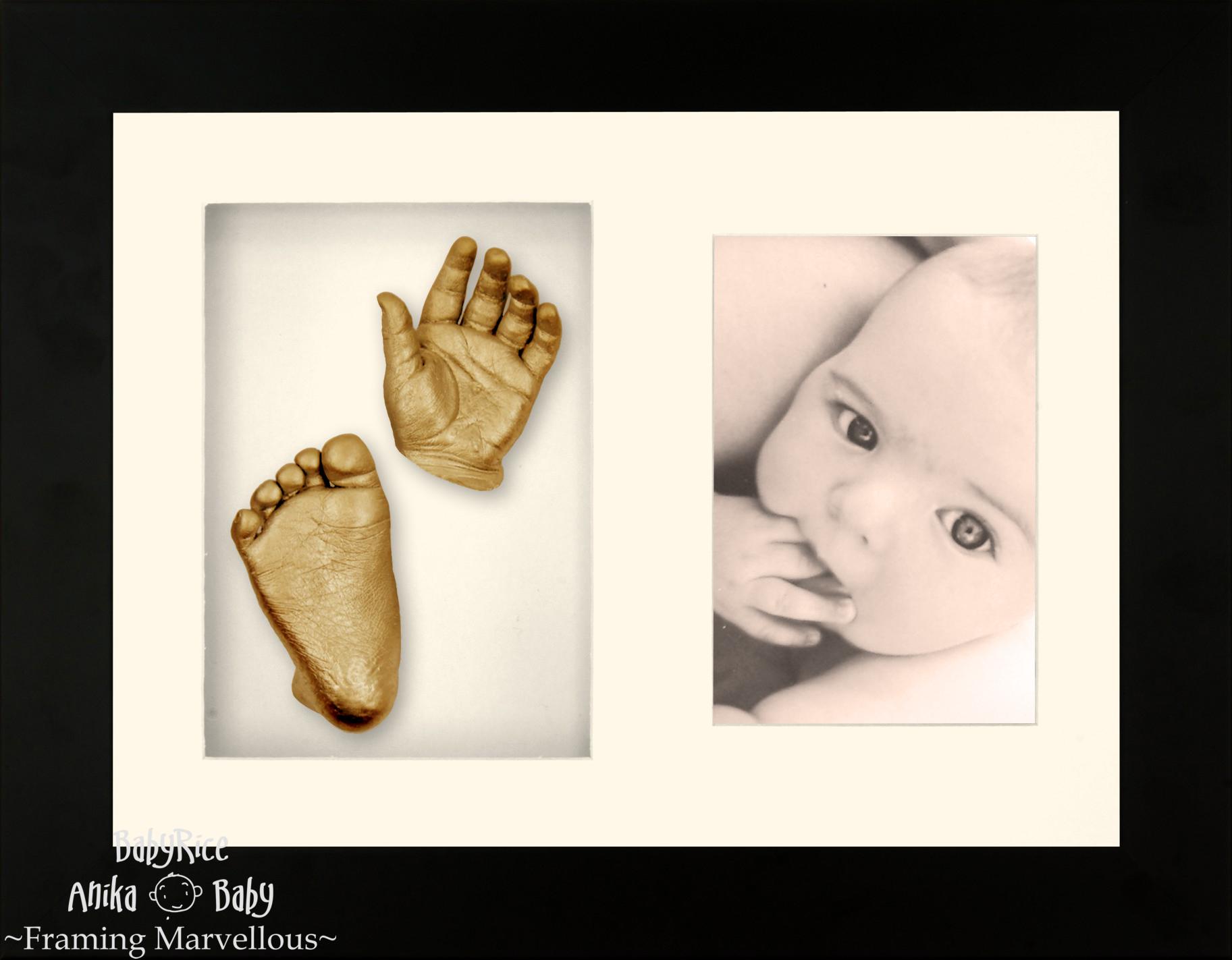 Baby Casting Kit with Black Photo and Casts Display Frame Cream Inserts / Gold Paint