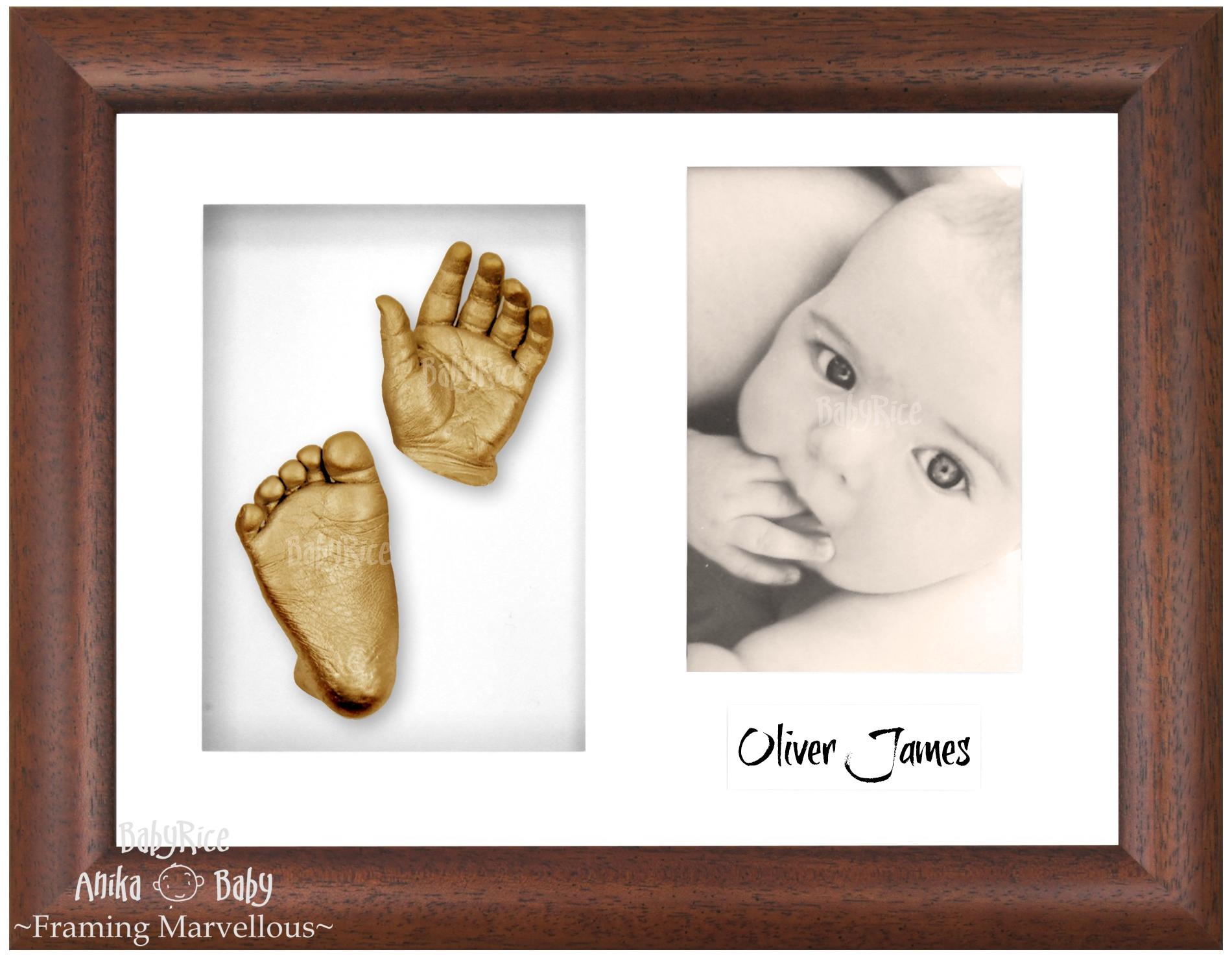 Dark Walnut Brown Frame, White Mount, Golden Baby Hand Foot Cast