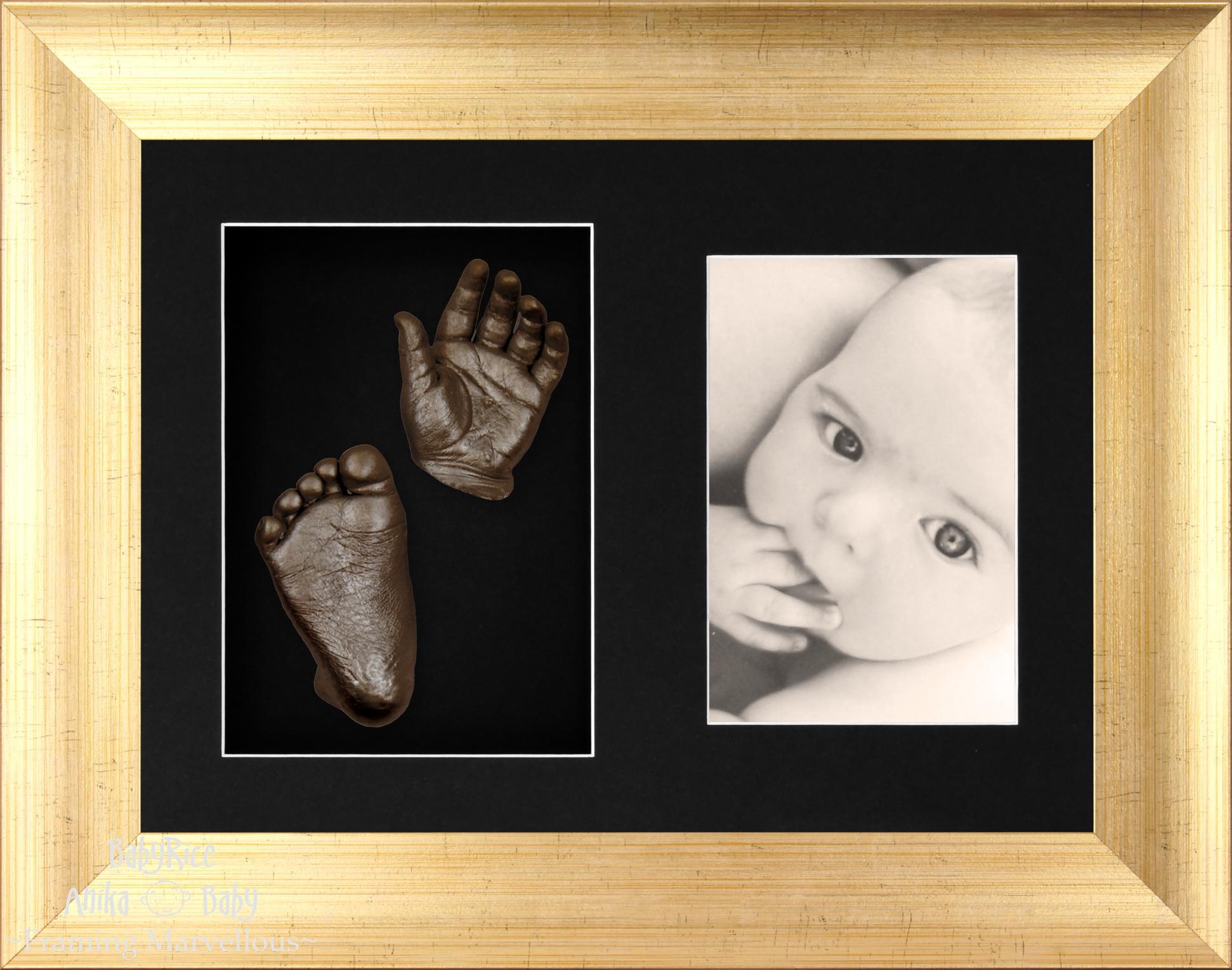 New Baby Christening Gift Set 3D Cast Kit Bronze Hand & Feet Rustic Pine Frame 
