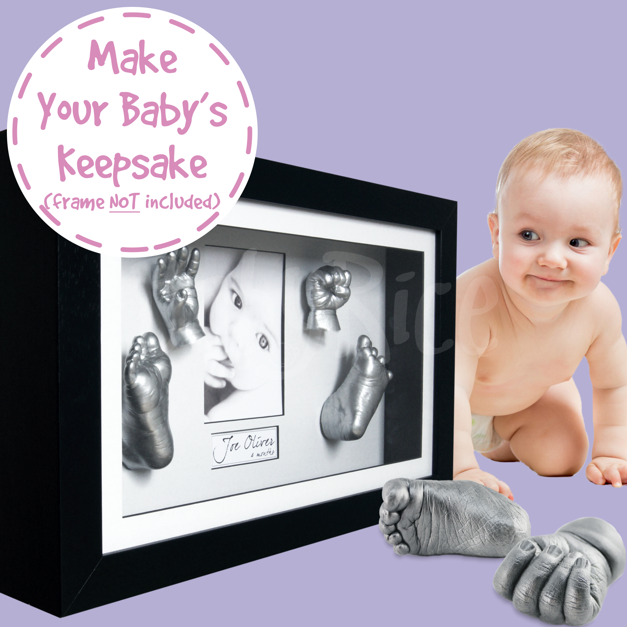  BabyRice Large Baby Casting Kit (great for Twins!), 14.5x8.5  White Frame, Black mount, Silver metallic paint : Baby