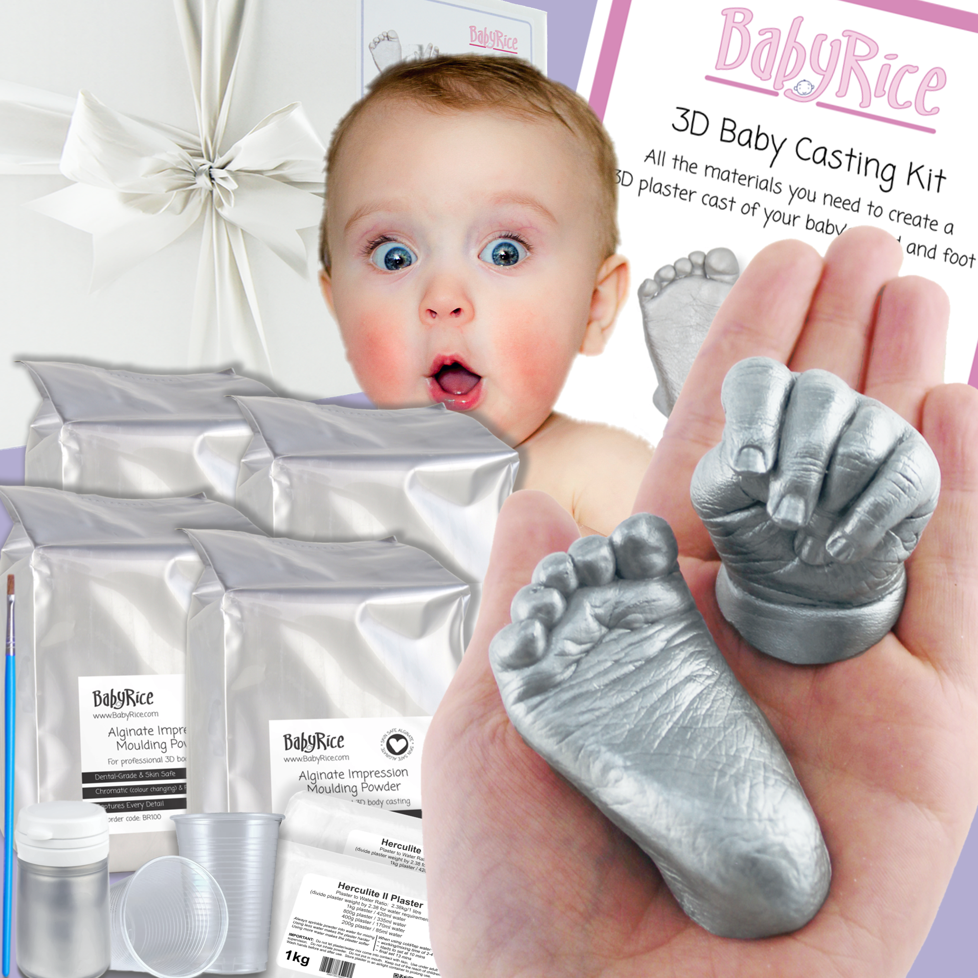 metallic silver extra large twins baby hand foot 3d casts kit set