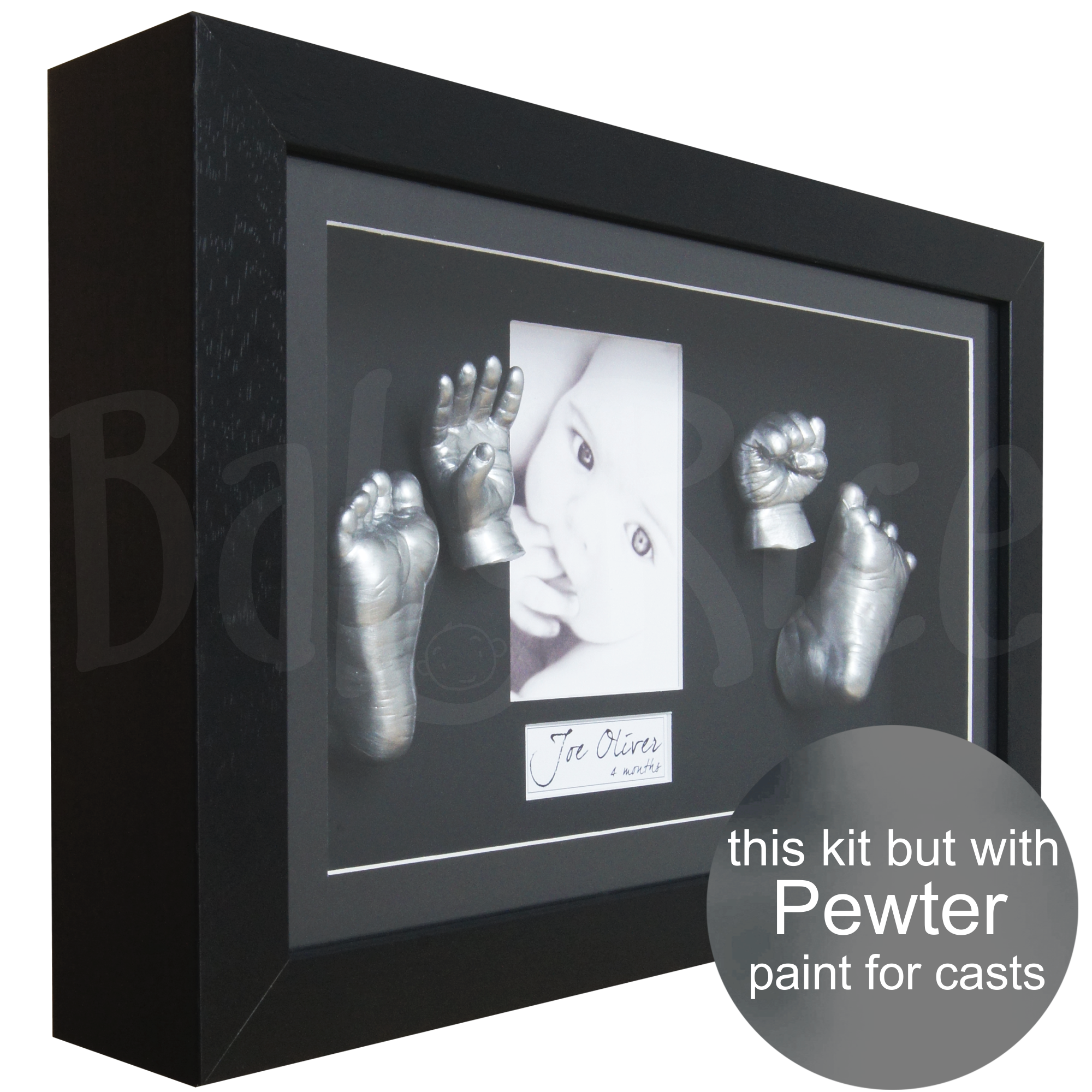 Large baby 3d hands and feet casting kit with black frame, pewter paint