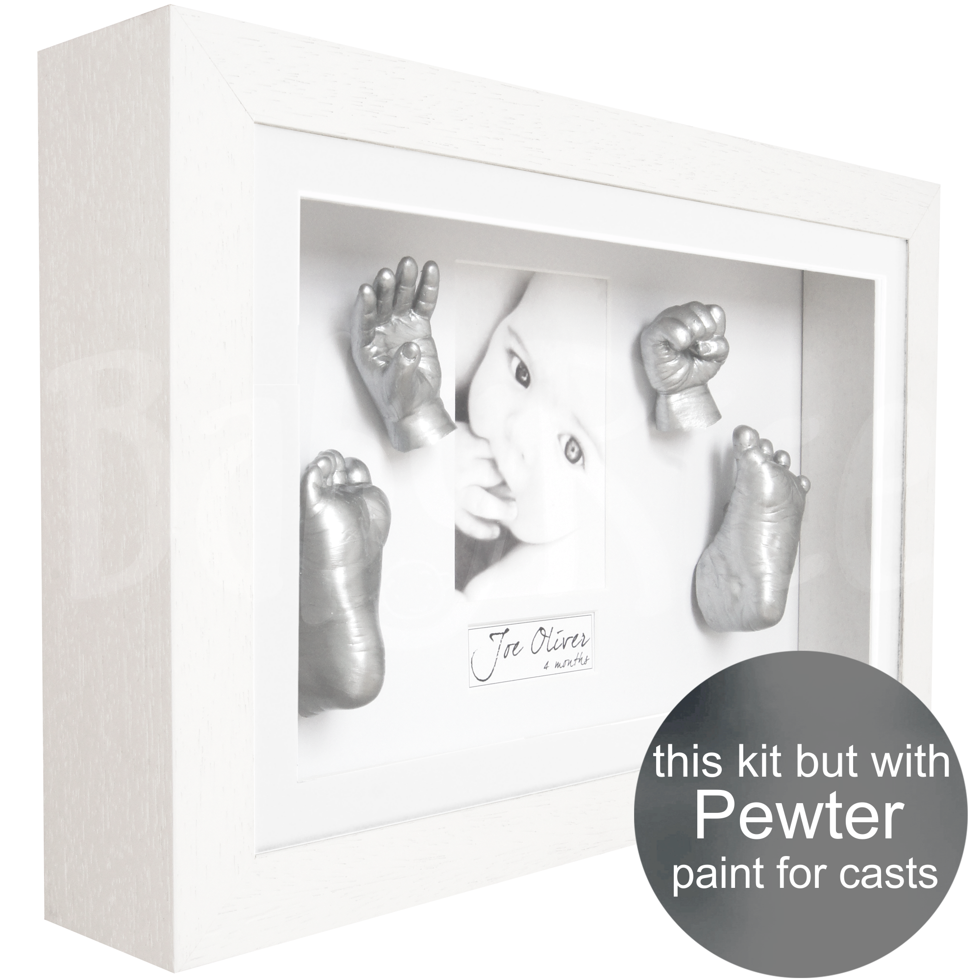 Unique baby gift hands and feet casting kit with white frame, pewter paint