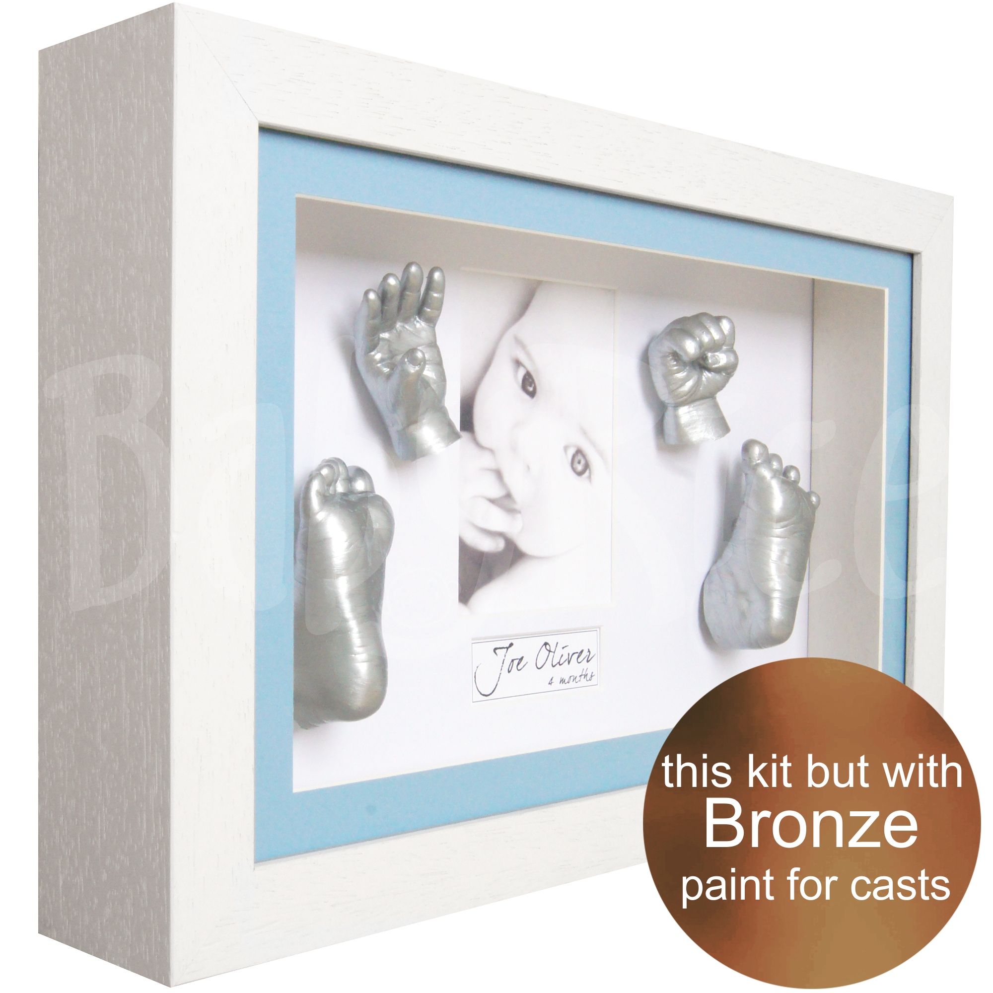 new baby boy gift hands and feet casting kit with white frame, bronze paint