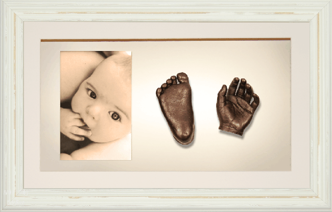 Large, Twins Baby Hand Foot Casting Kit / Shabby Chic Cream Wood Frame / Bronze