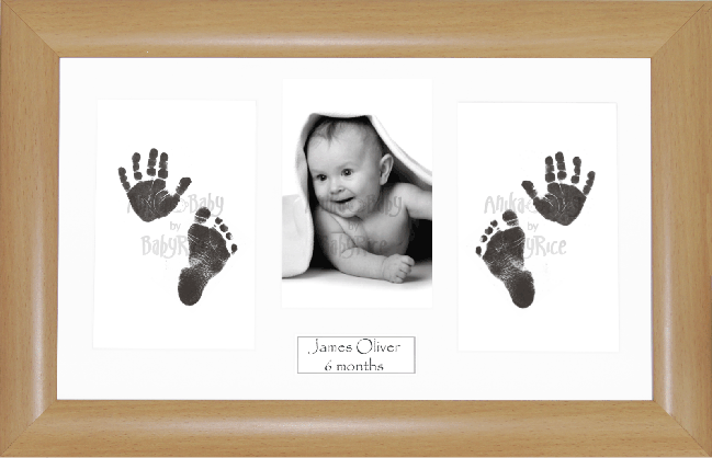 BabyRice Baby Hand & Footprints Kit, Inkless Prints, Beech effect Frame