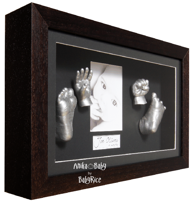 Large 3D Baby Casting Kit, Brown with Black Mount Deep Box Display Frame, Silver Paint
