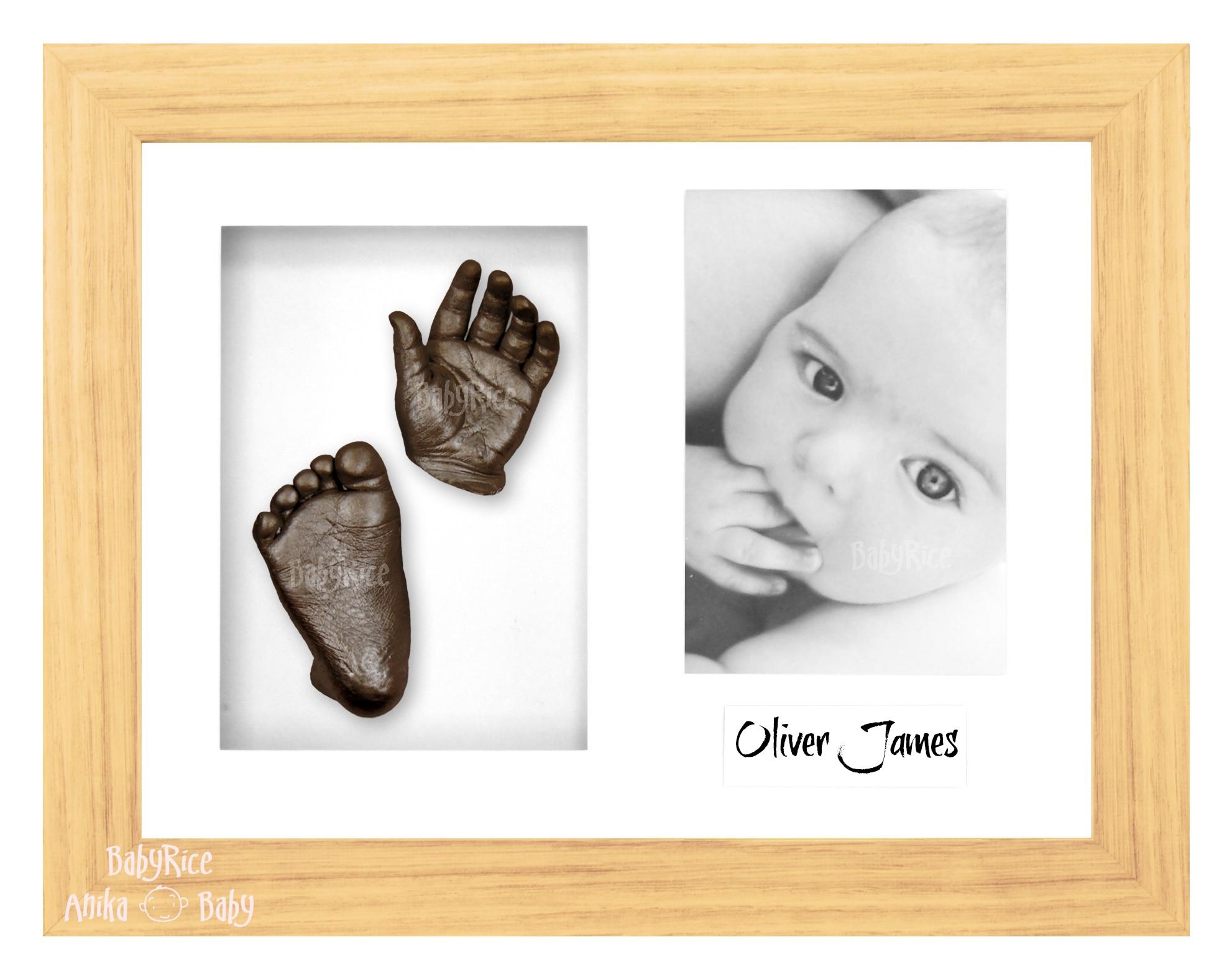 Oak Effect Frame, White Mount, Bronze Baby Hand Foot Cast