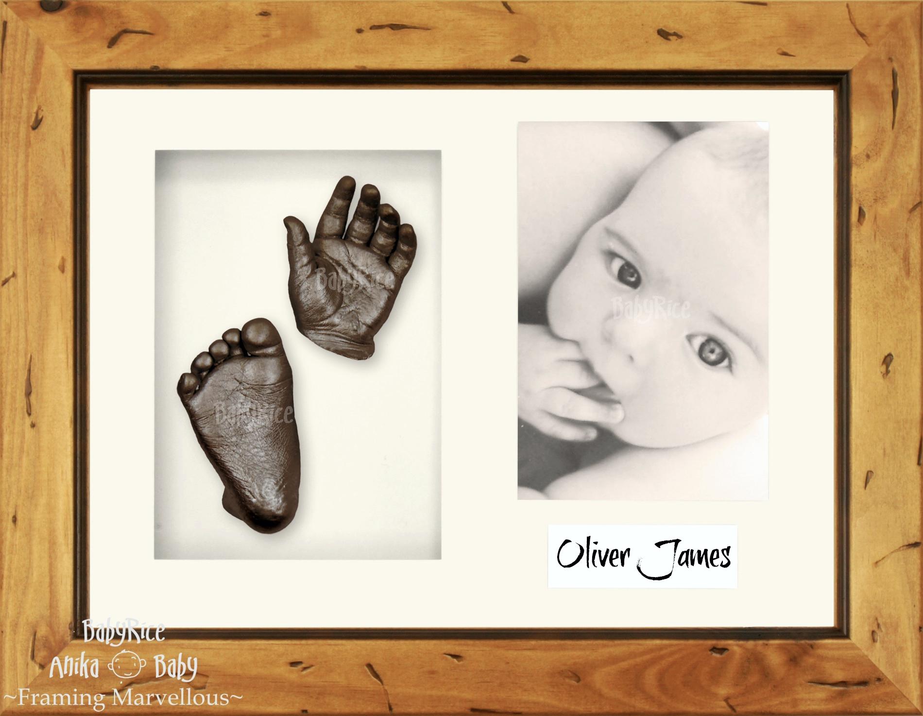 Rustic Wooden Frame, Cream Mount, Bronze Baby Hand Foot Cast