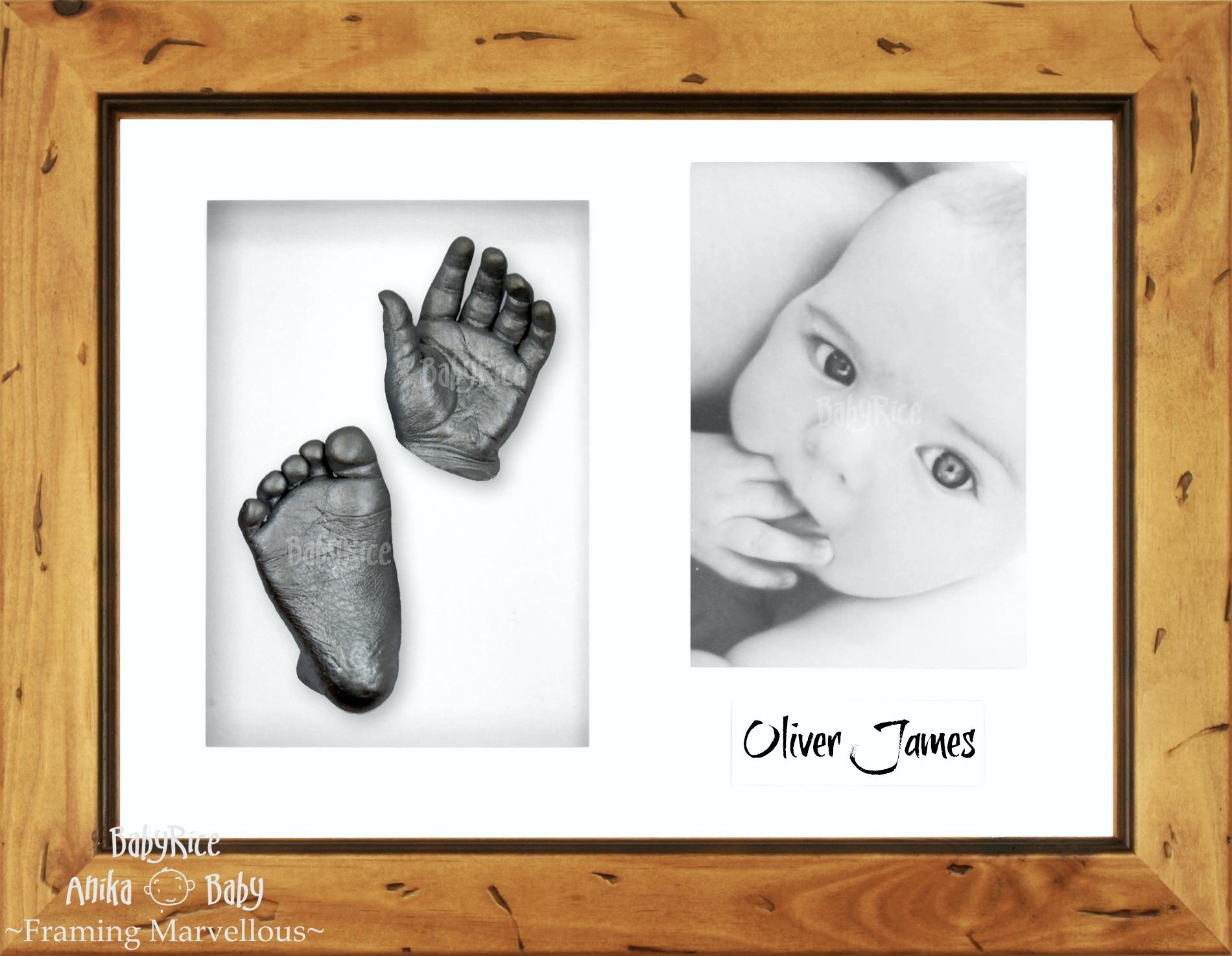 Rustic Wooden Frame, White Mount, Pewter Baby Hand Foot Cast