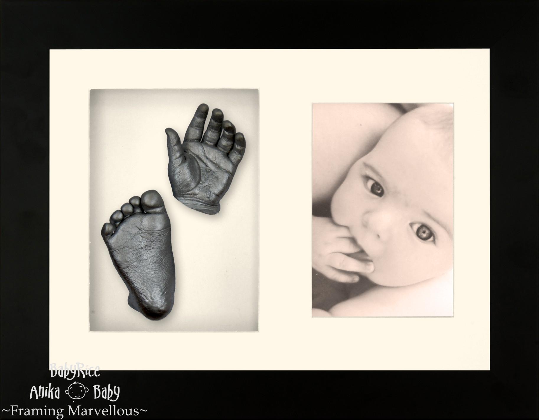 Baby Casting Kit with Black Photo and Casts Display Frame Cream Inserts / Pewter Paint