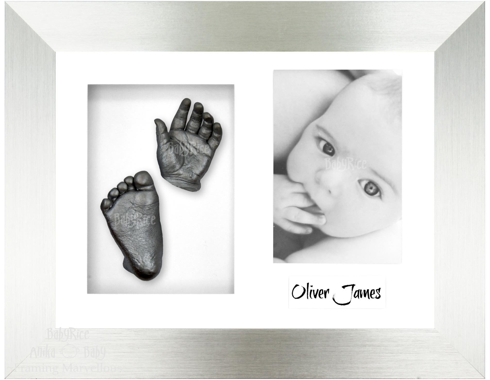 Silver Frame, White Mount, Pewter Baby Hand Foot Cast