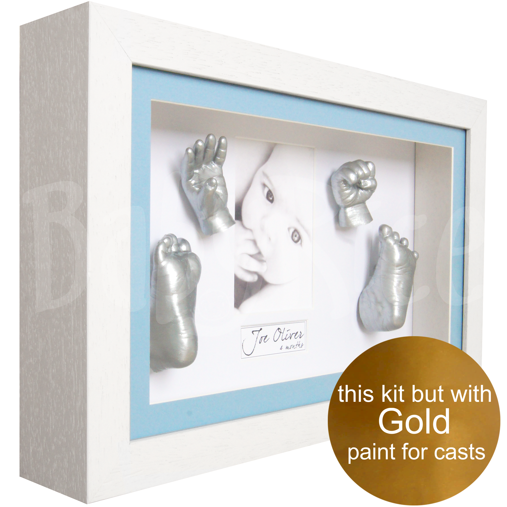 new baby boy gift hands and feet casting kit with white frame, gold paint