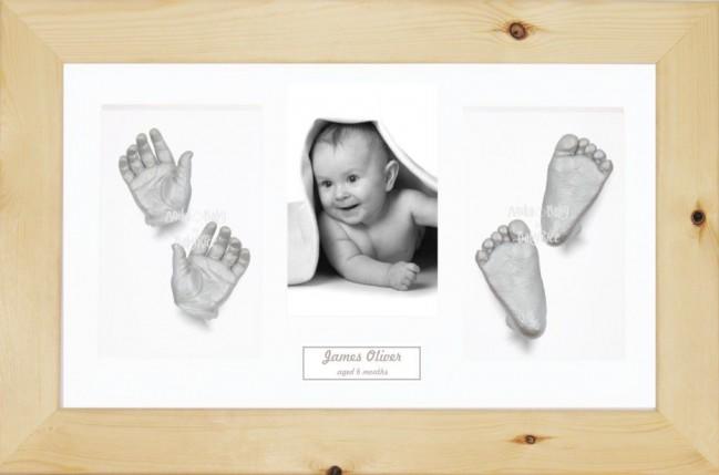 3D Baby Casting Kit Gift, Natural Pine Photo display Frame Silver Casts