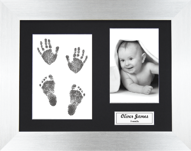 New Baby Gift, Hand & Footprint Kit, Silver Frame, Black Inkless Prints