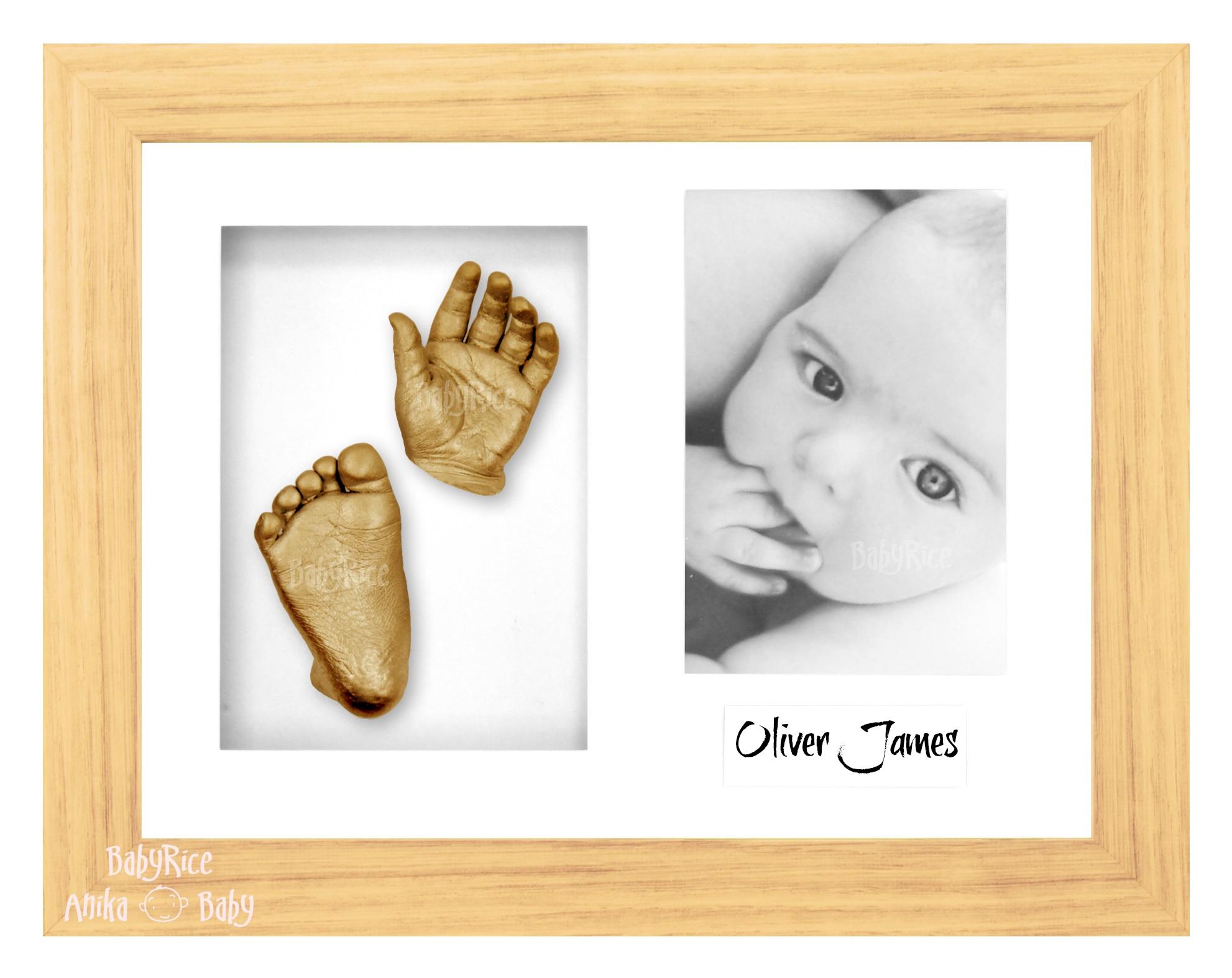 Oak Effect Frame, White Mount, Golden Baby Hand Foot Cast