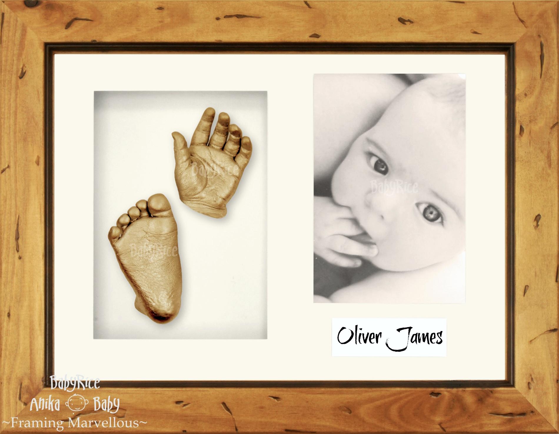 Rustic Wooden Frame, Cream Mount, Golden Baby Hand Foot Cast
