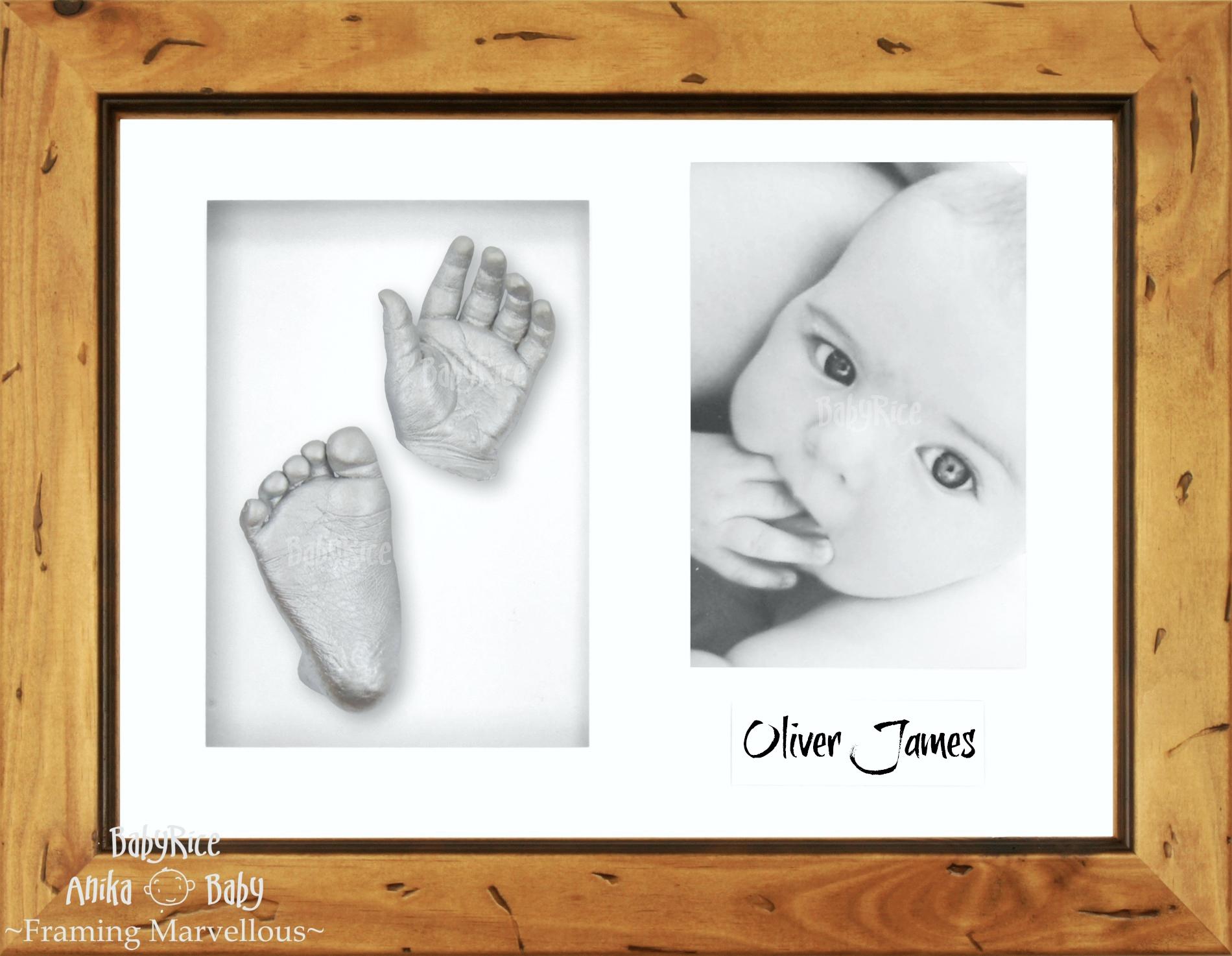 Rustic Wooden Frame, White Mount, Silver Baby Hand Foot Cast
