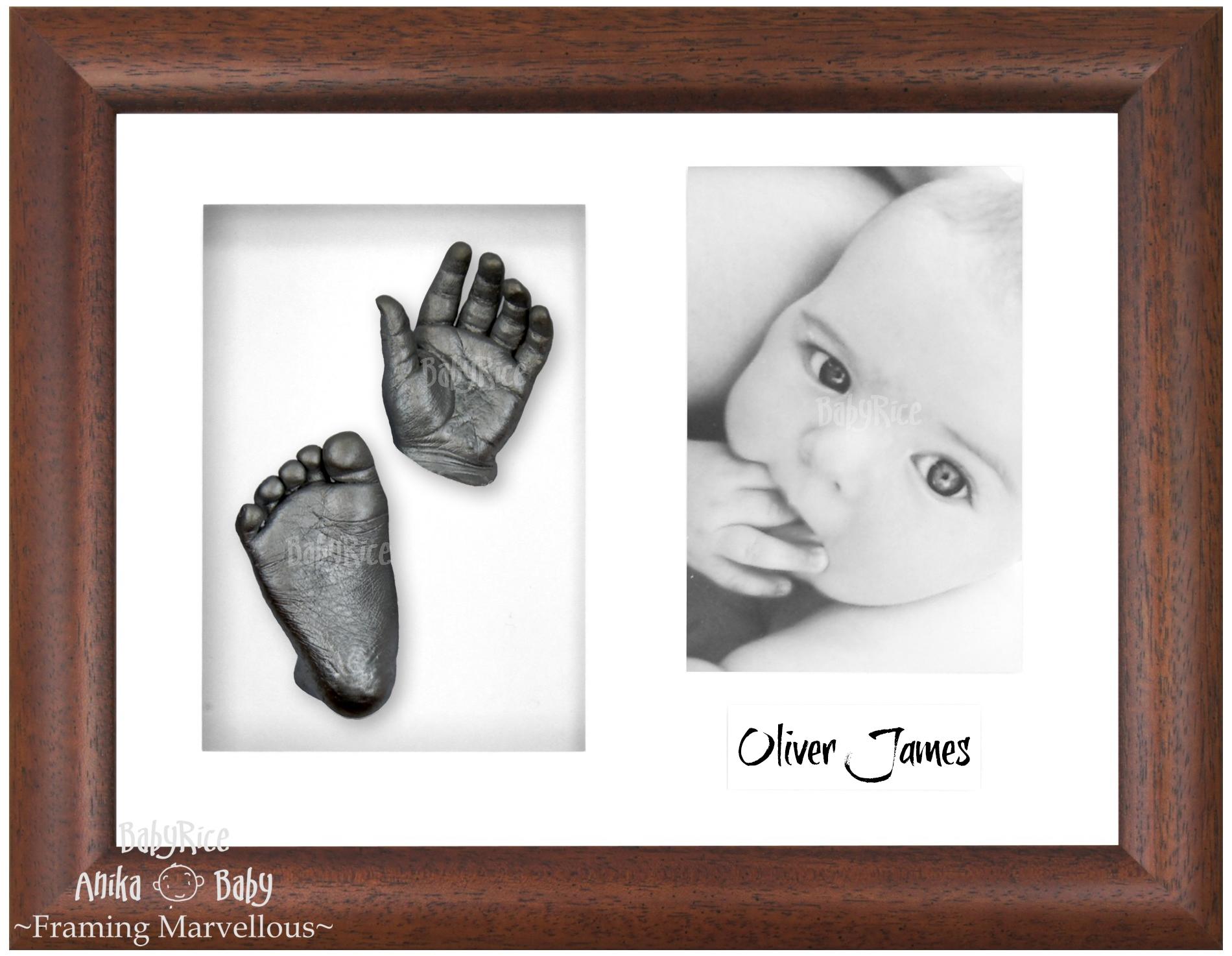 Dark Walnut Brown Frame, White Mount, Pewter Baby Hand Foot Cast