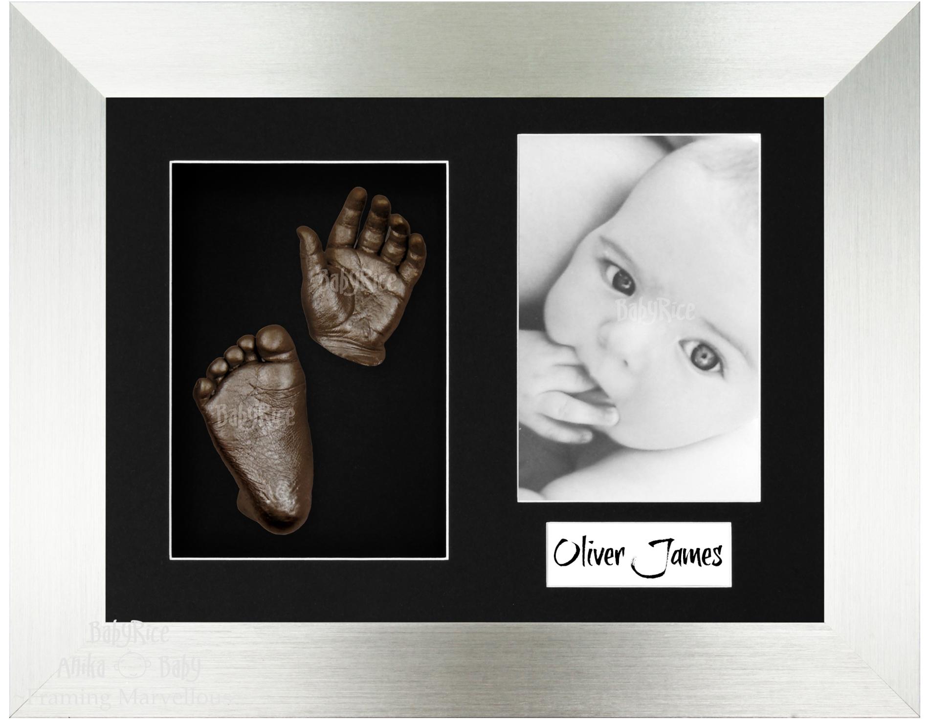 Silver Frame, Black Mount, Bronze Baby Hand Foot Cast