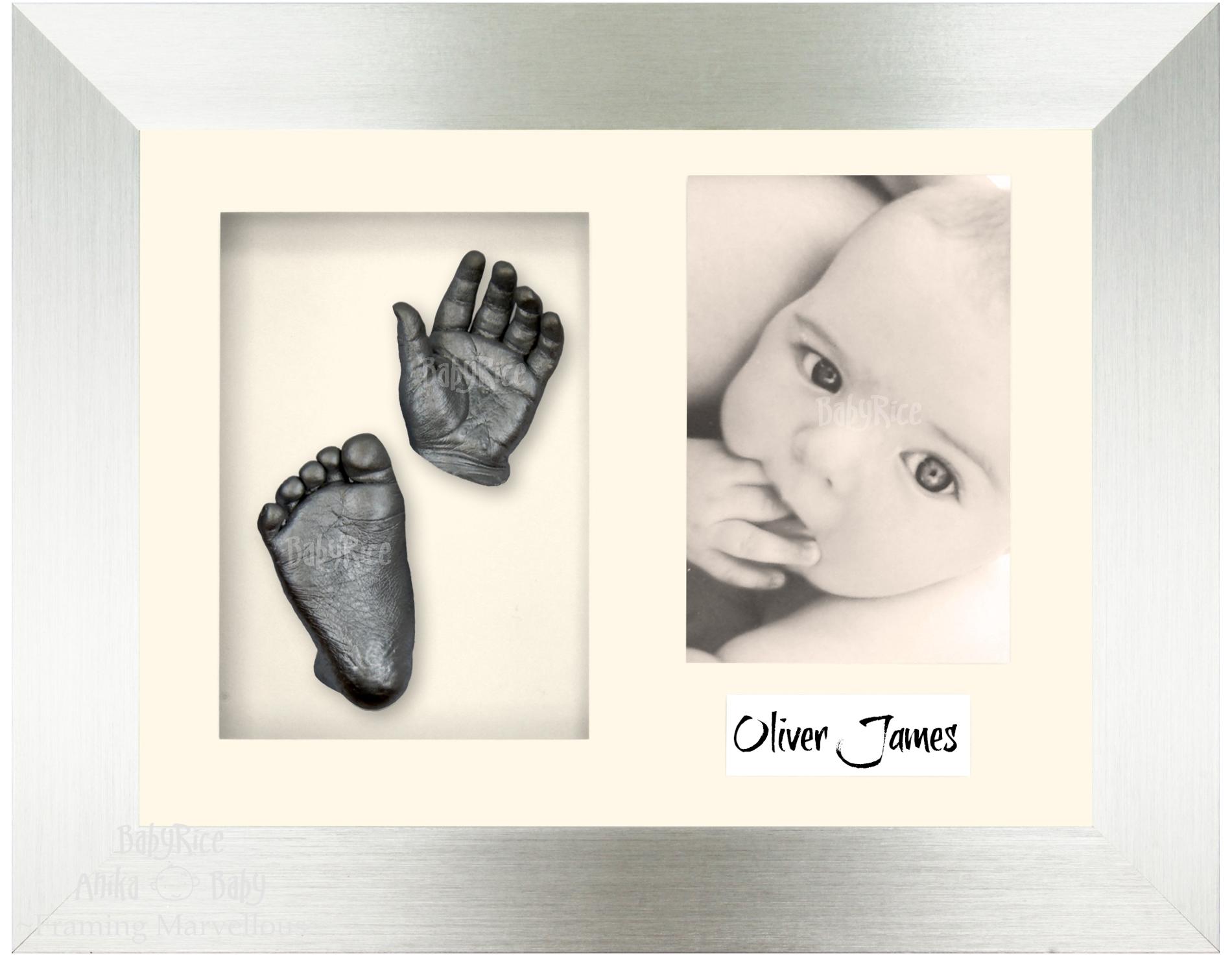 Silver Frame, Cream Mount, Pewter Baby Hand Foot Cast