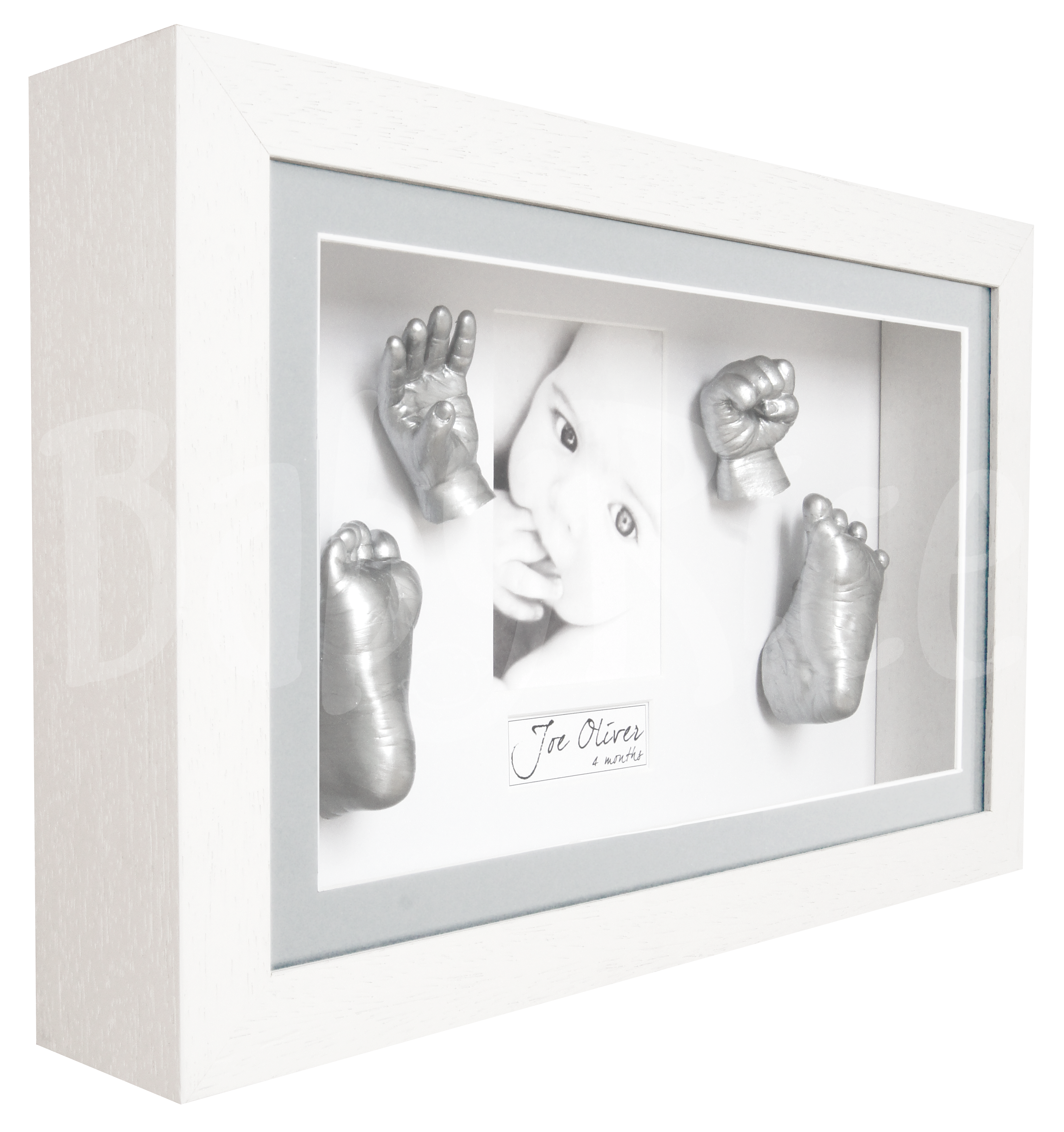 Large baby hand and foot casting kit with white frame, silver paint