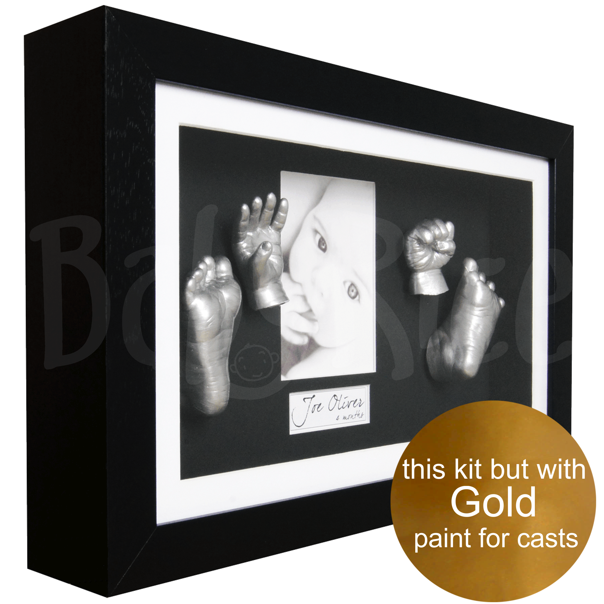 Large baby hand and foot casting kit with black frame, gold paint