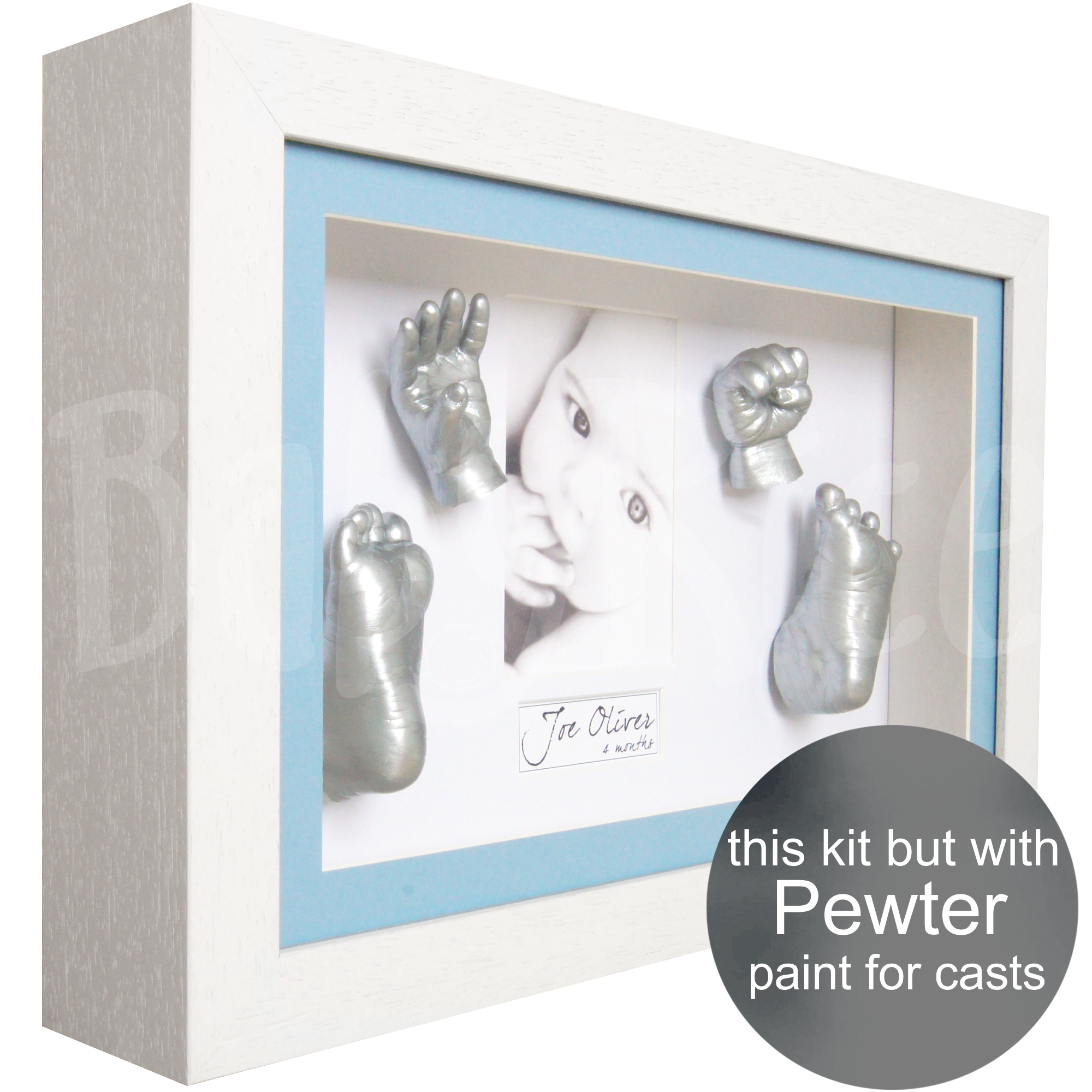 new baby boy gift hands and feet casting kit with white frame, pewter paint