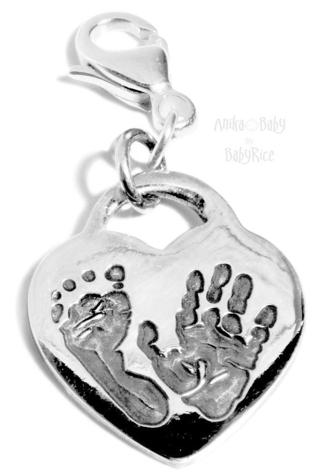 Baby Footprint Handprint Drop Silver Heart Charm Lobster Clasp Oxi