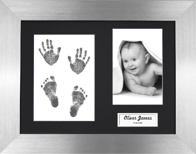 New Baby Gift Hand & Footprint Kit Brushed Pewter Frame, Black Prints