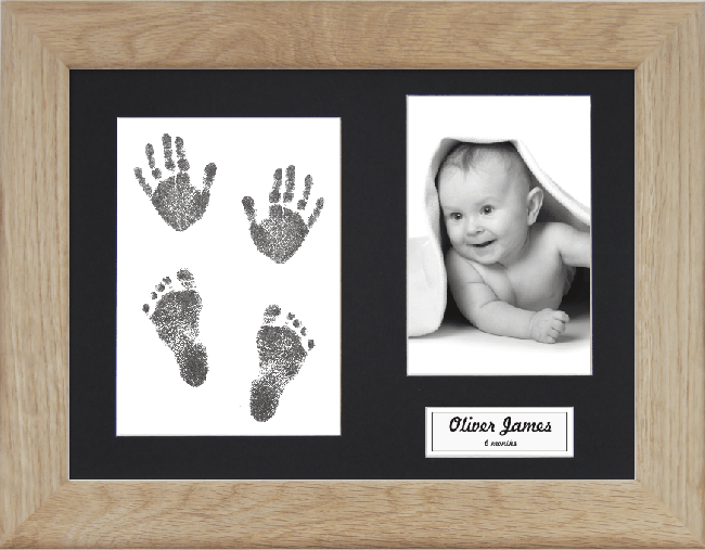 New Baby Gift, Hand & Footprint Kit Solid Oak Frame, Black Prints