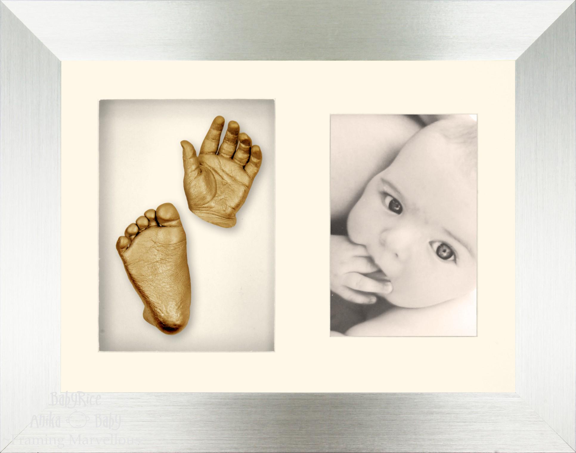 Baby Casting Kit with Silver Photo and Casts Display Frame Cream Inserts / Gold Paint