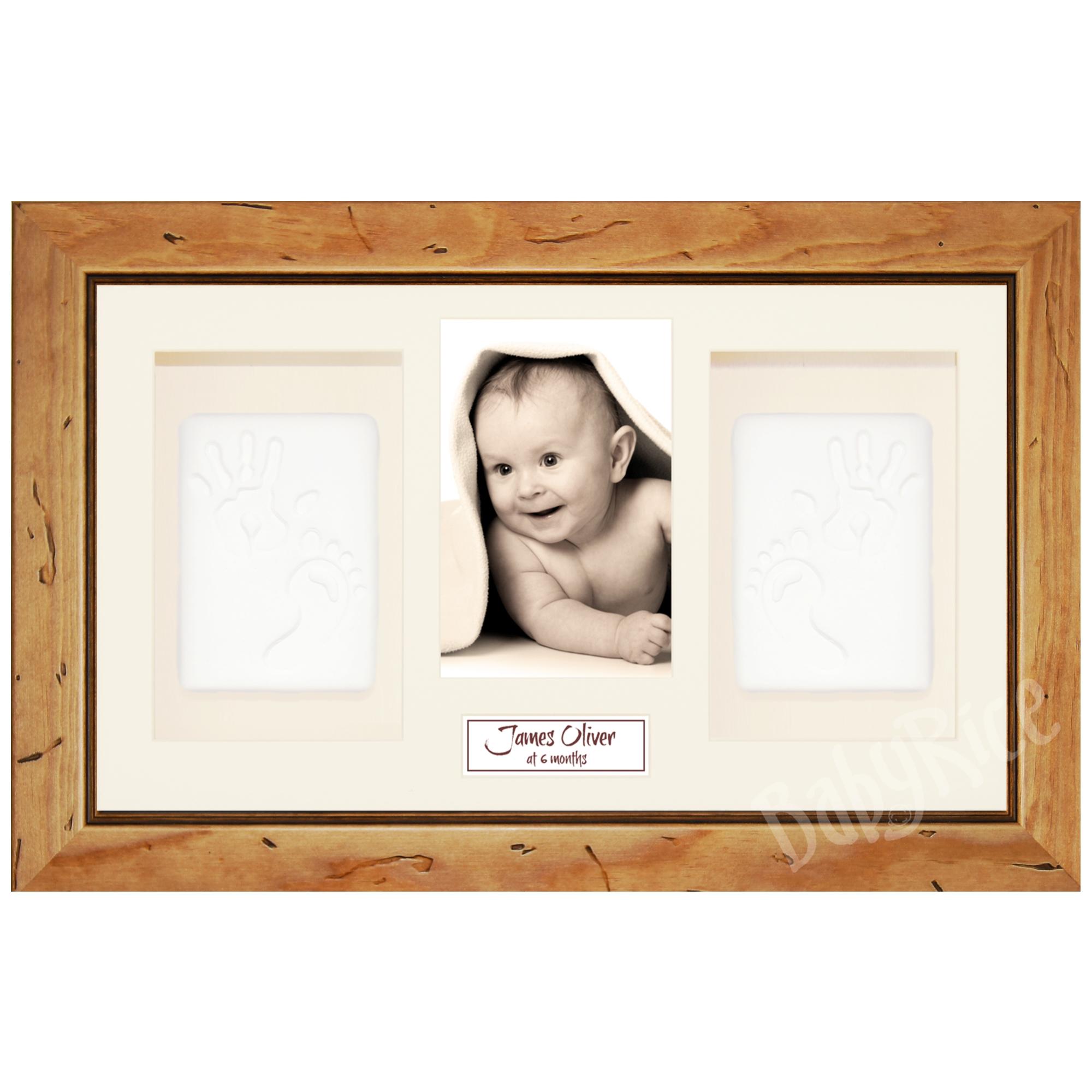Baby Hand Footprint Kit, Rustic Wood Frame, White Clay Dough