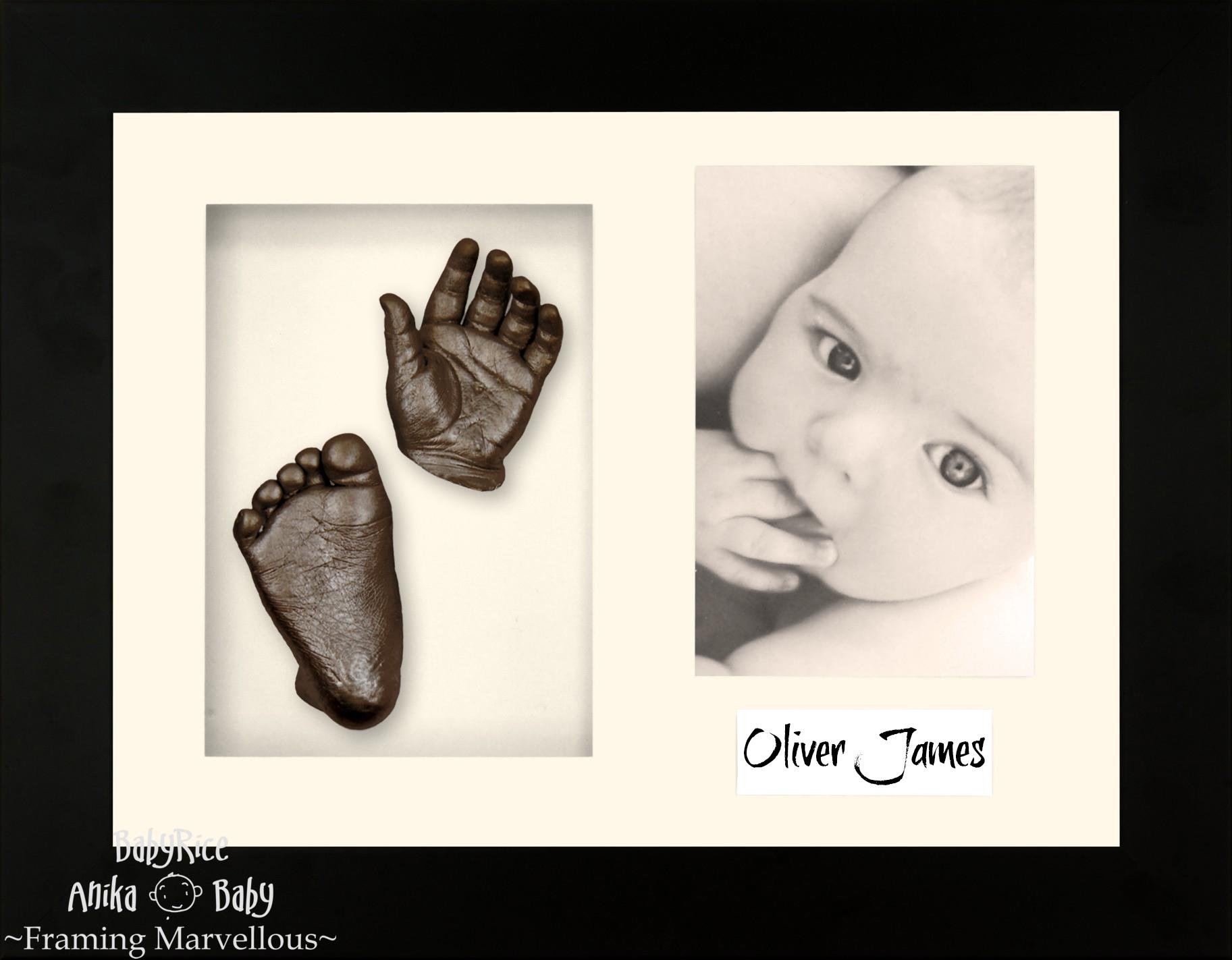 Black Frame, Cream Mount, Bronze Baby Hand Foot Cast