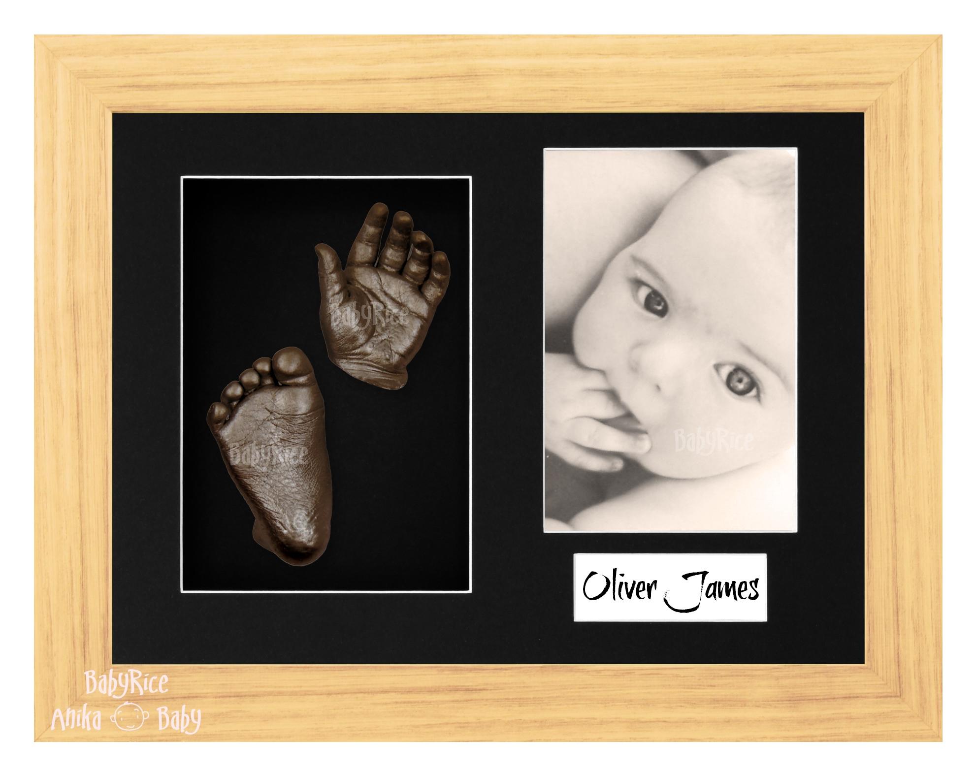 Oak Effect Frame, Black Mount, Bronze Baby Hand Foot Cast