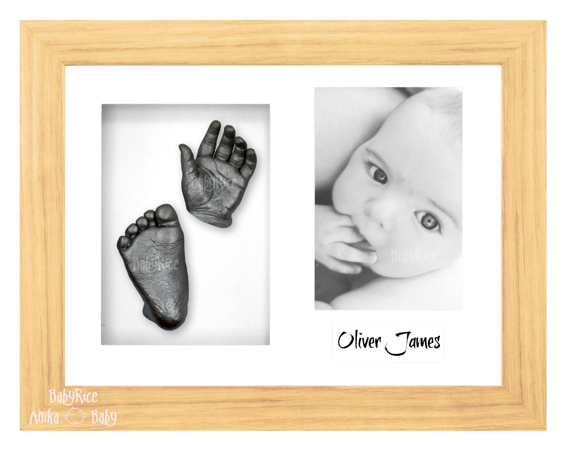 Oak Effect Frame, White Mount, Pewter Baby Hand Foot Cast