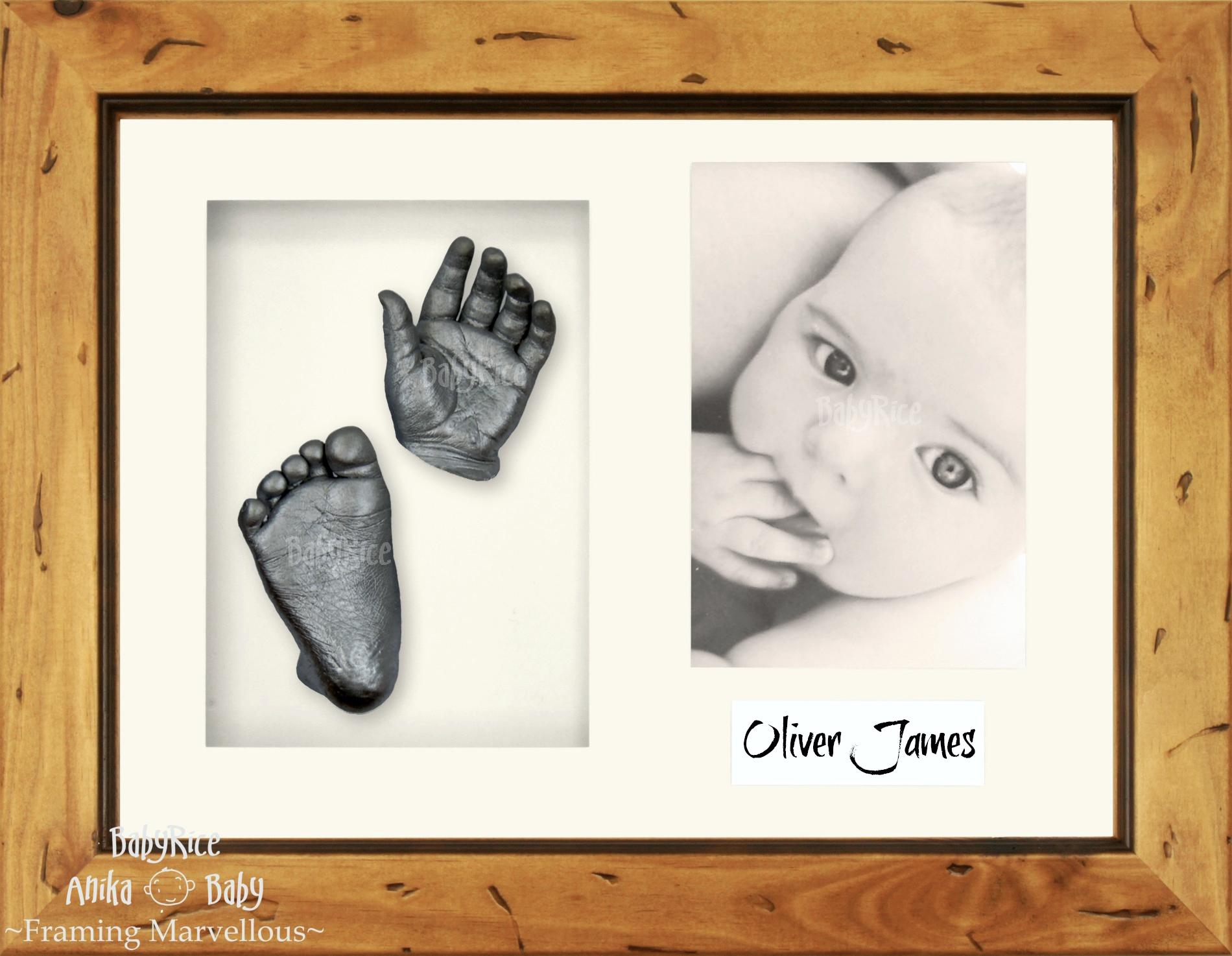 Rustic Wooden Frame, Cream Mount, Pewter Baby Hand Foot Cast