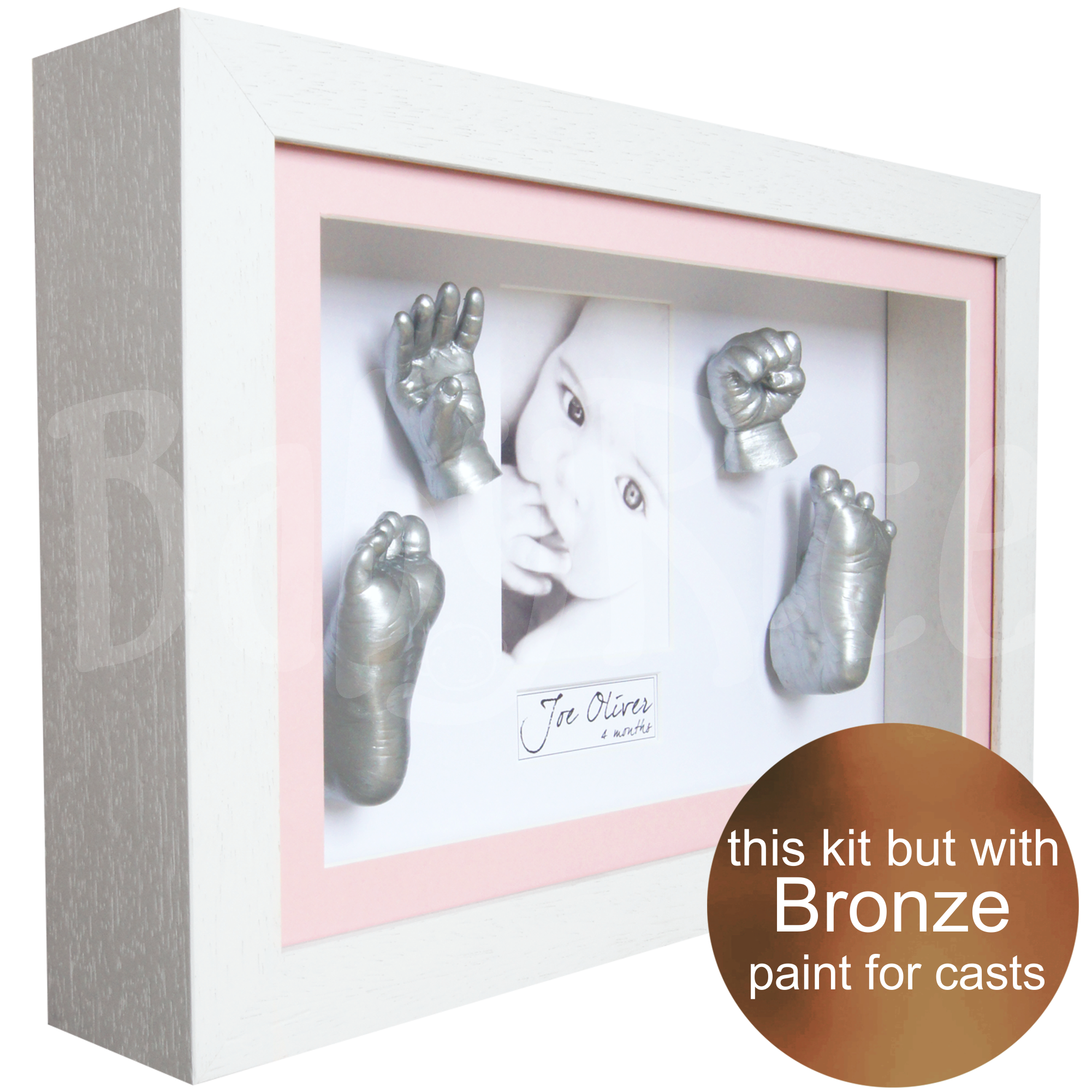 new baby girl gift hands and feet casting kit with white frame, bronze paint