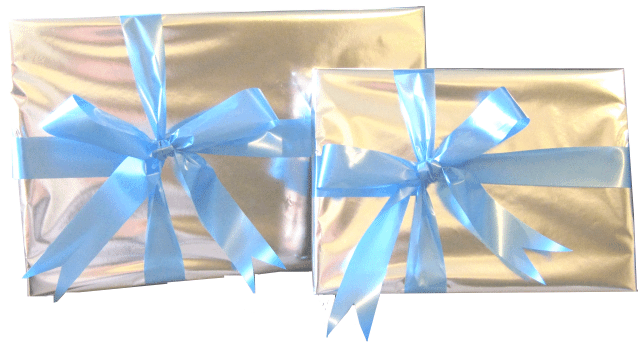 Gift Wrap in Silver with Blue Ribbon