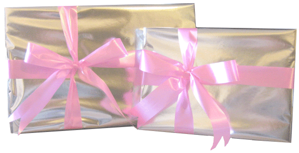 Gift Wrap in Silver with Pink Ribbon