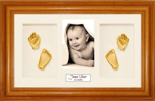 Baby Handprint Footprint Casting Kit, Honey Pine Frame, Gold Paint