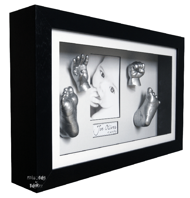 Large 3D Baby Casting Kit, Black Deep Box Display Frame, Silver Paint