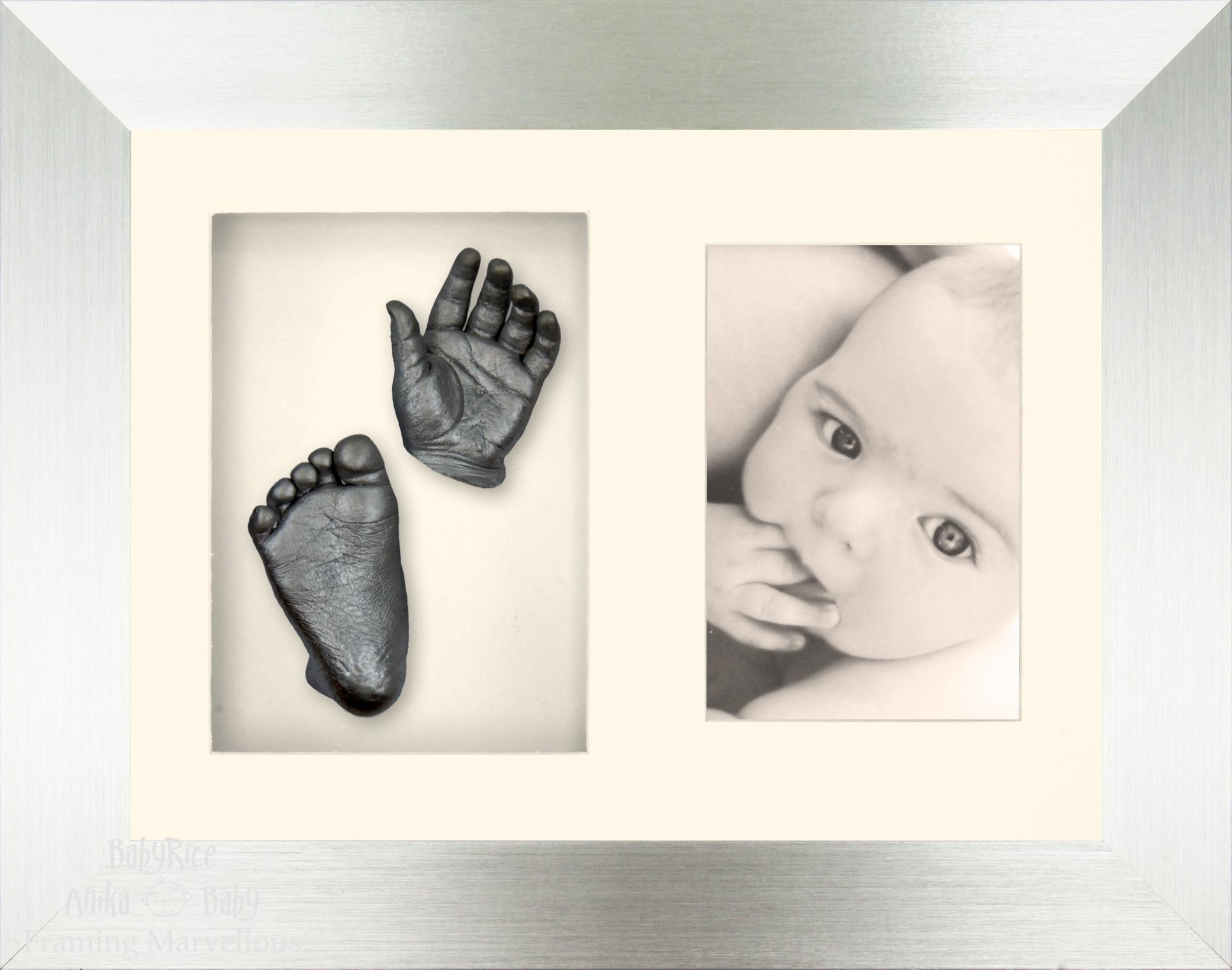 Baby Casting Kit with Silver Photo and Casts Display Frame Cream Inserts / Pewter Paint