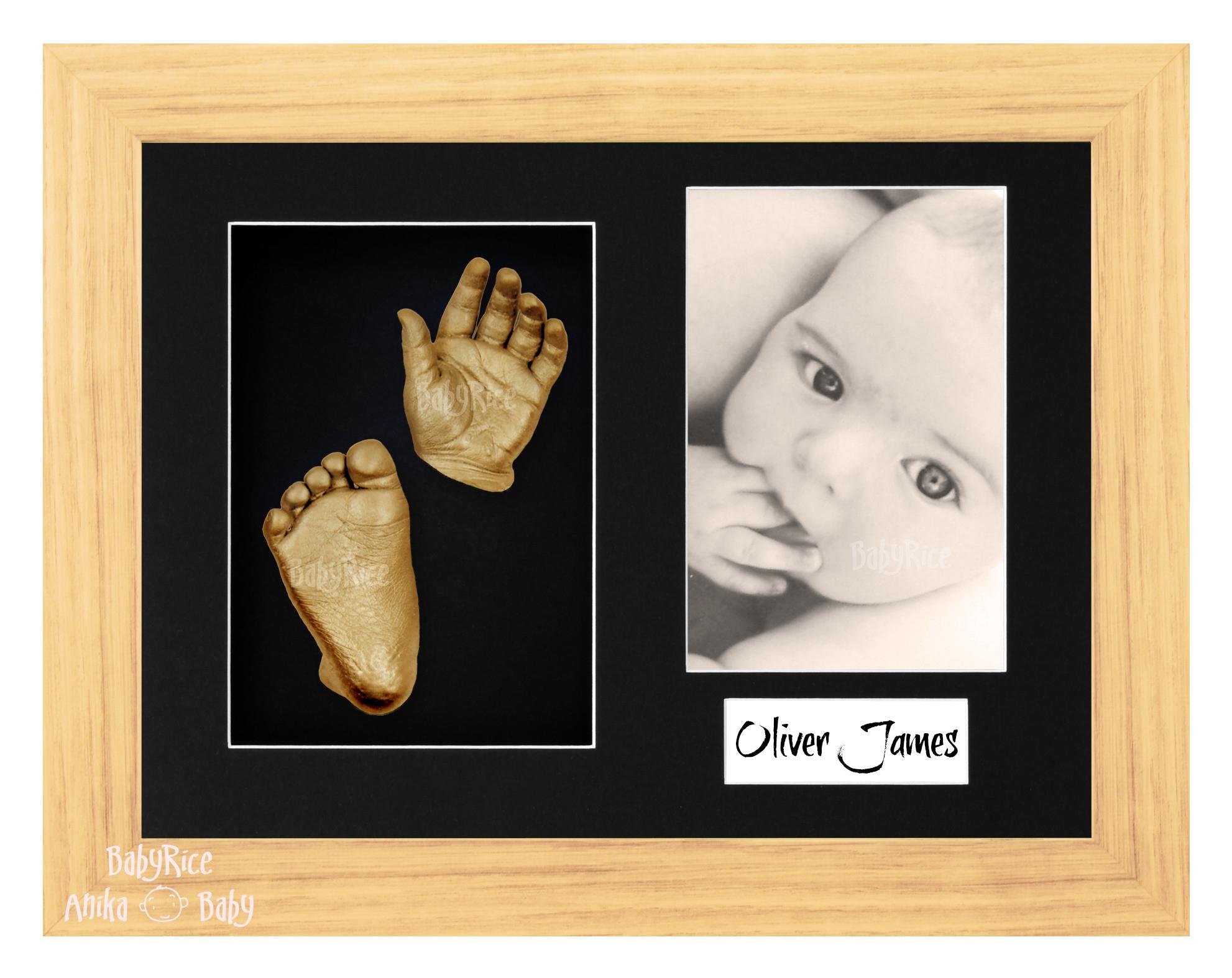 Oak Effect Frame, Black Mount, Golden Baby Hand Foot Cast