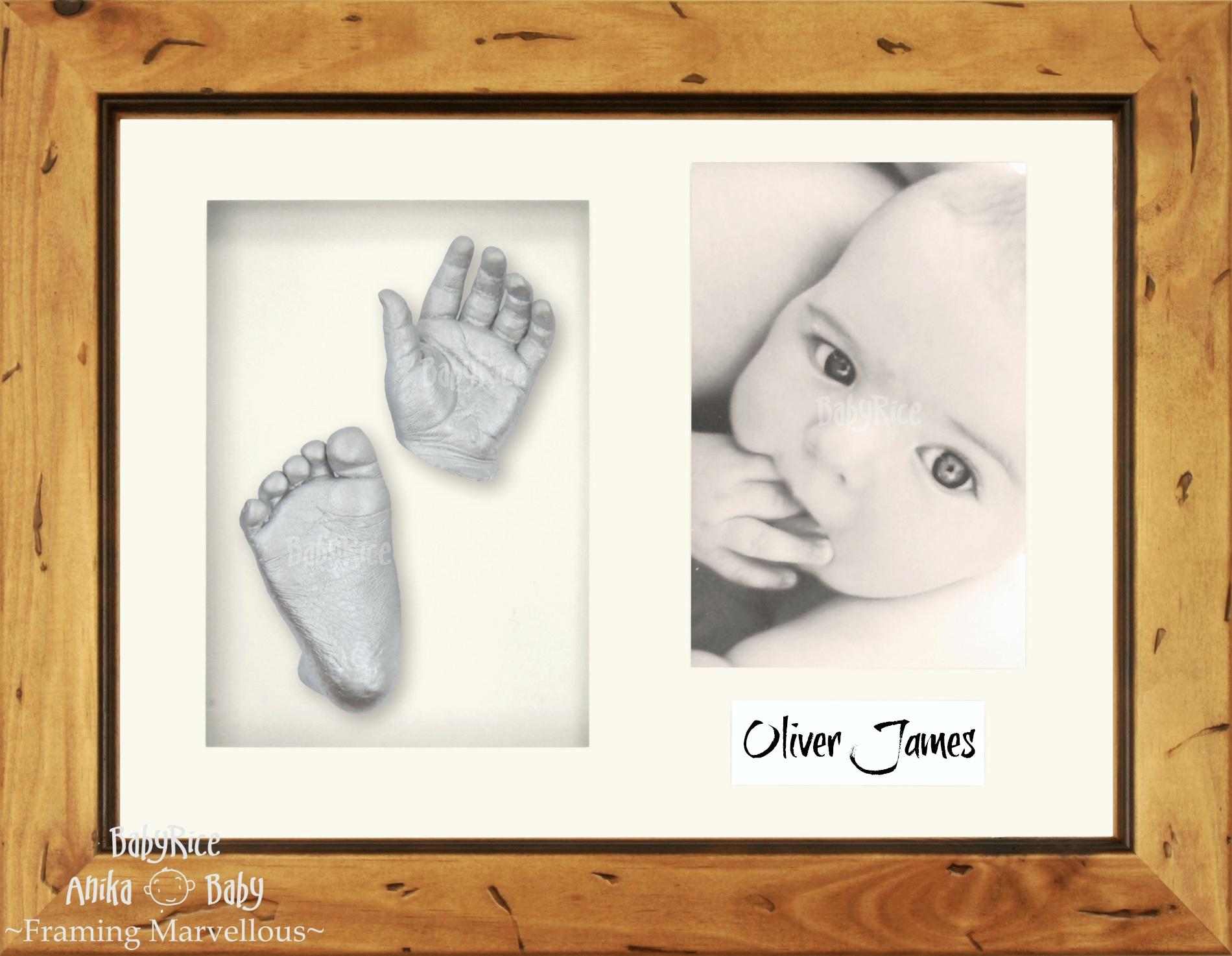 Rustic Wooden Frame, Cream Mount, Silver Baby Hand Foot Cast