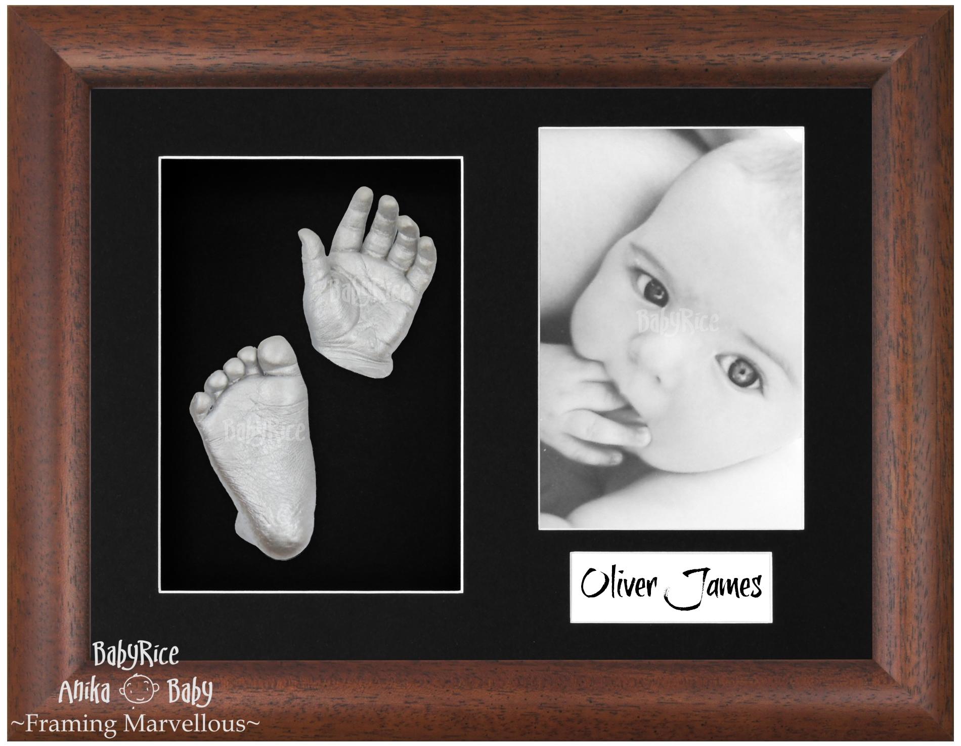 Dark Walnut Brown Frame, Black Mount, Silver Baby Hand Foot Cast