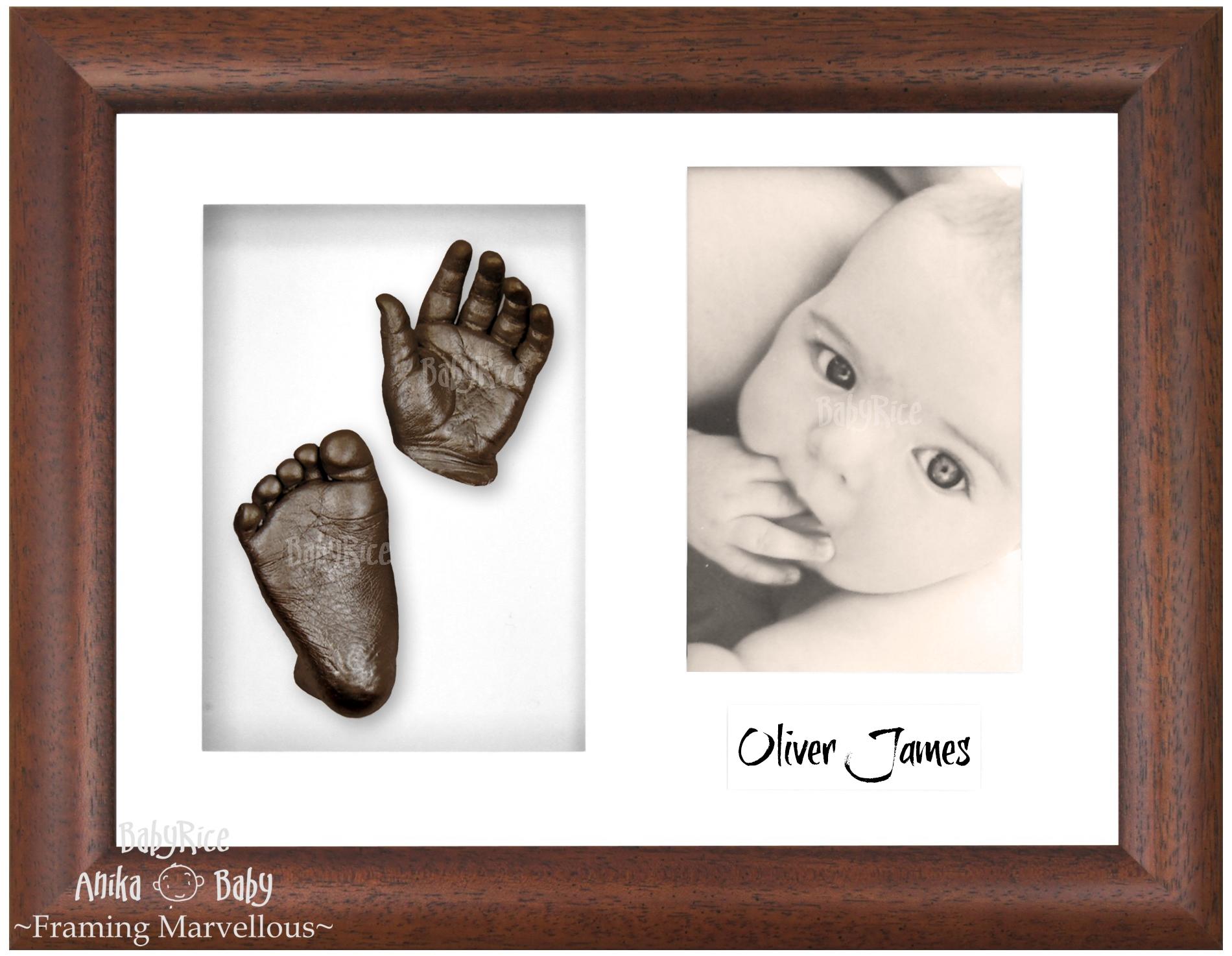 Dark Walnut Brown Frame, White Mount, Bronze Baby Hand Foot Cast