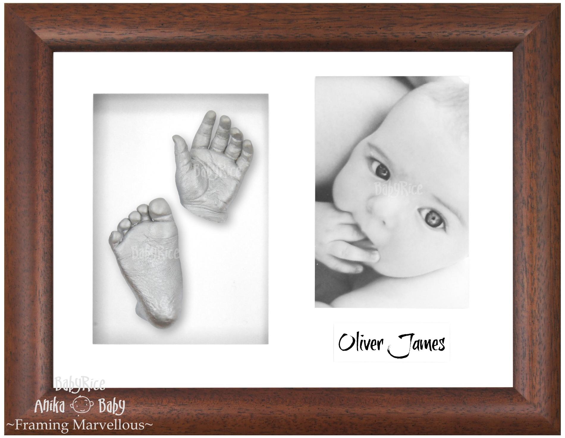 Dark Walnut Brown Frame, White Mount, Silver Baby Hand Foot Cast
