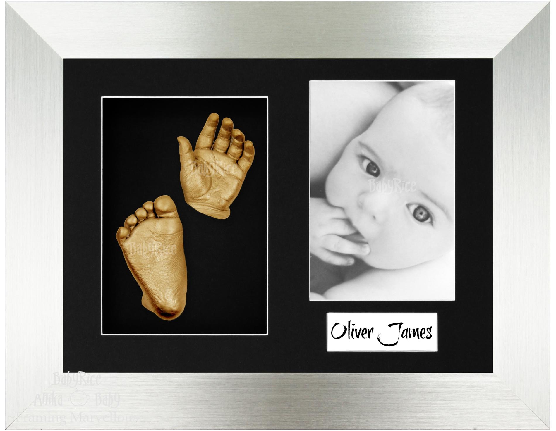 Silver Frame, Black Mount, Golden Baby Hand Foot Cast